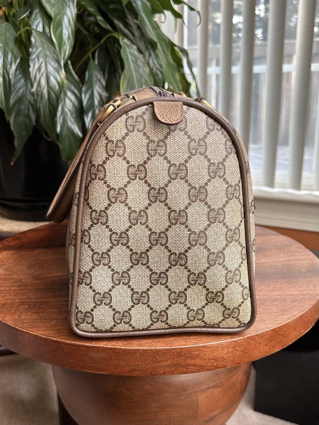 GUCCI GG Supreme Monogram Sherry Web Boston Bag, Tan