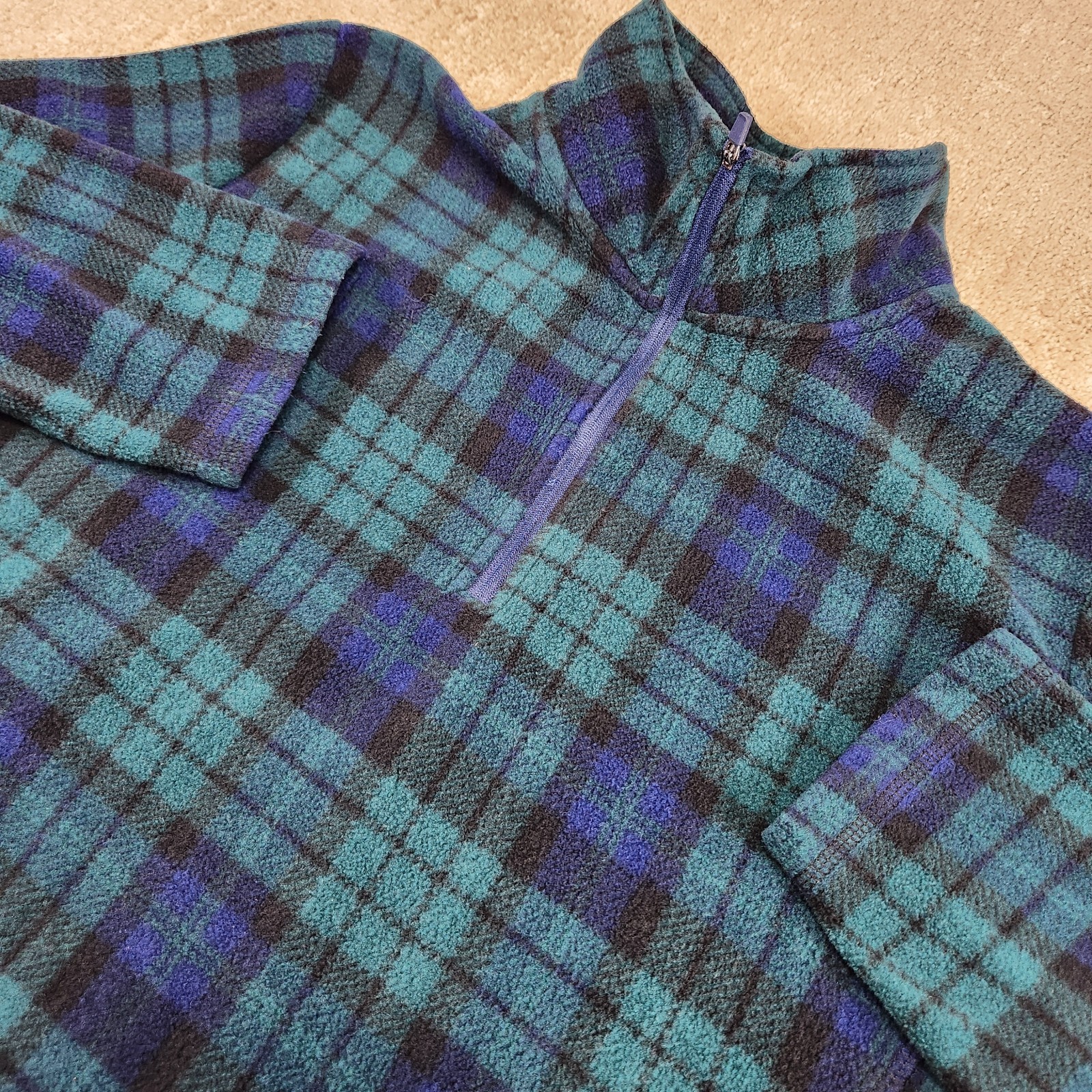 Lands End Sweater Men XL Blackwatch Plaid 1/4 Zip Powder Fleece Pullover Preppy