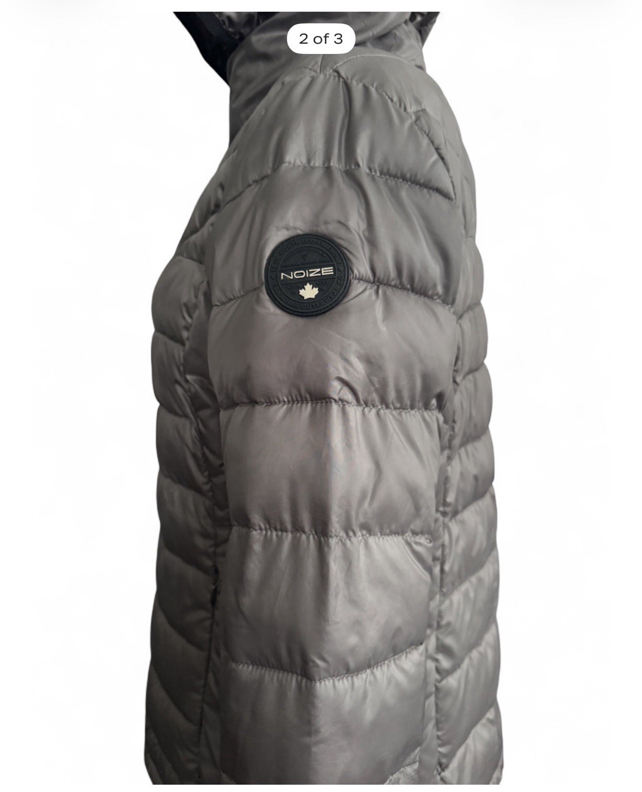 NOIZE Women’s Gray Hooded Puffer Jacket Full Zip Logo Accents Size L