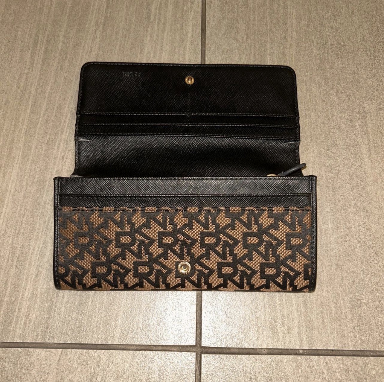 DKNY Brown & Black Logo Monogram Snap Wallet w/ Zip Coin Pocket, Credit Card