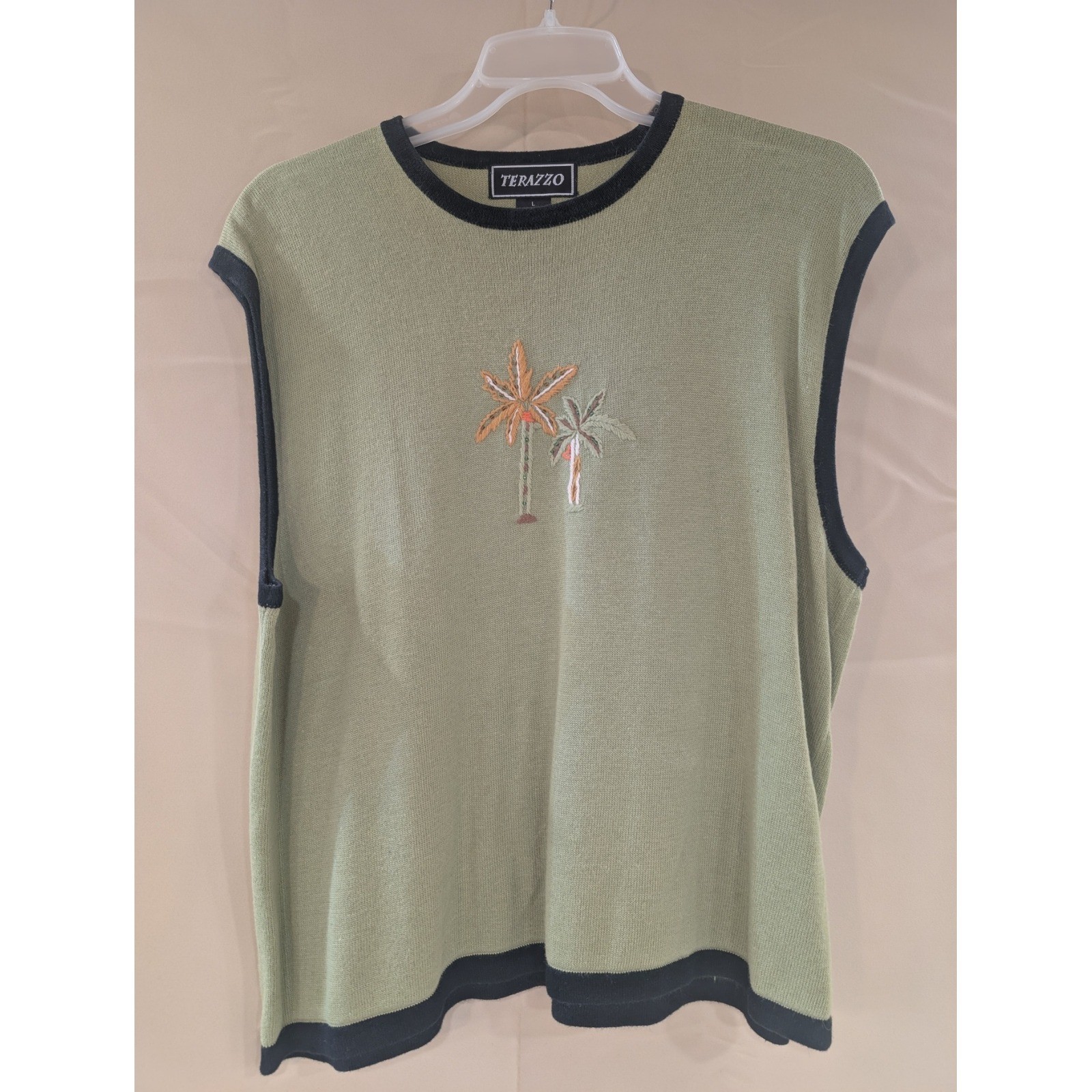 Terazzo Palm Tree Embroidered Cardigan Sweater + Vest Striped Olive Green Womens