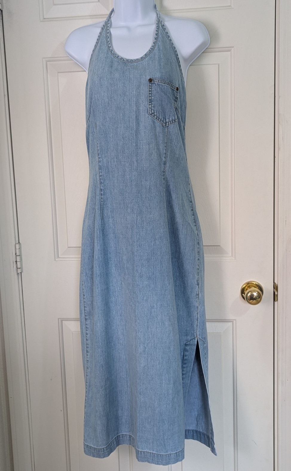 Liz Claiborne Light-Wash Denim Halter Maxi Dress 4 Slit Boho Coastal Cowgirl Y2K