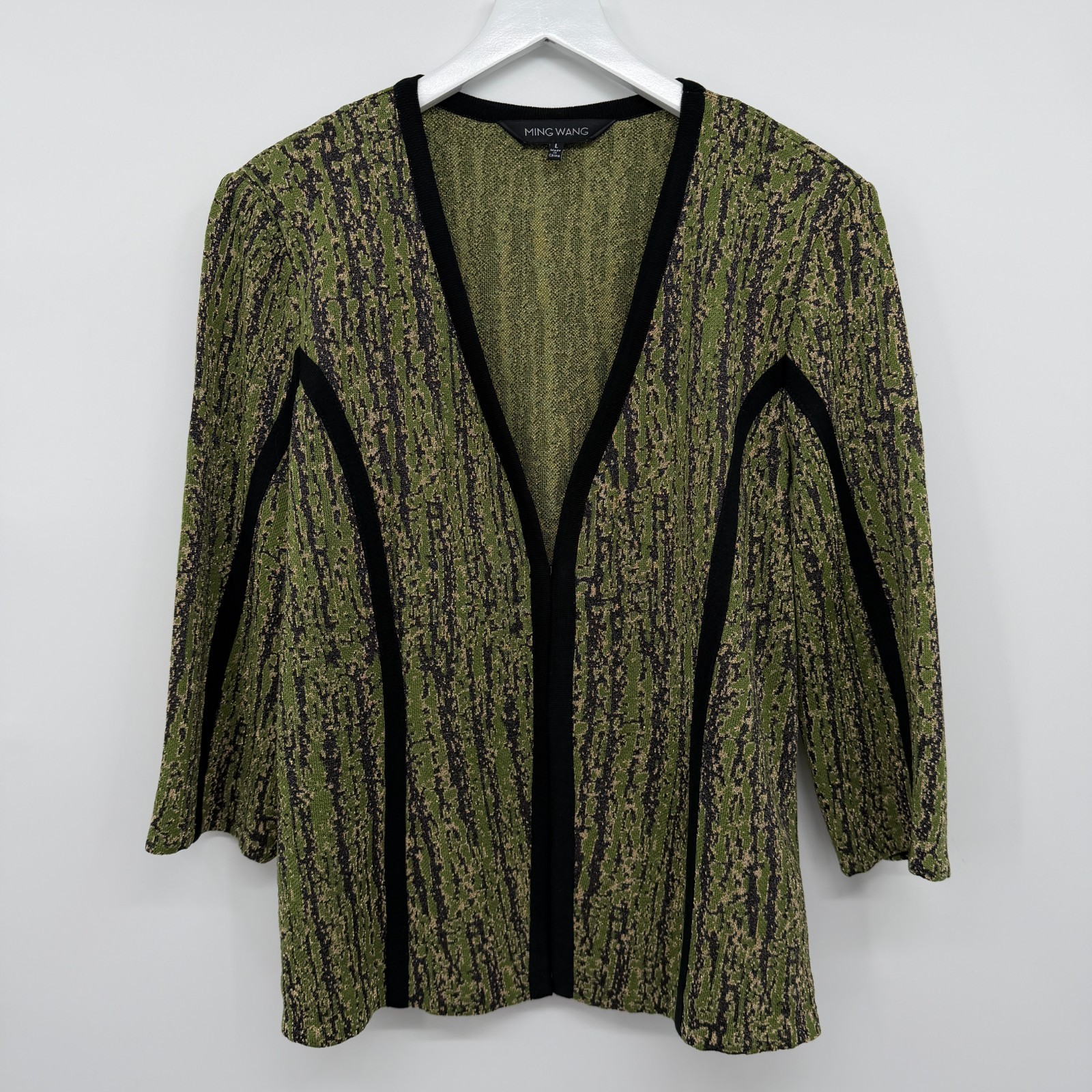 Ming Wang Cardigan Jacket Large 3/4 Sleeve Shoulder Pads Artsy Office Academia