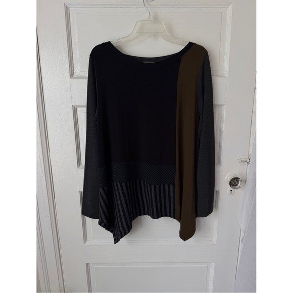 Alembika Tunic Top Lagenlook Boho Indie Long Sleeve Black Brown Colorblock 2