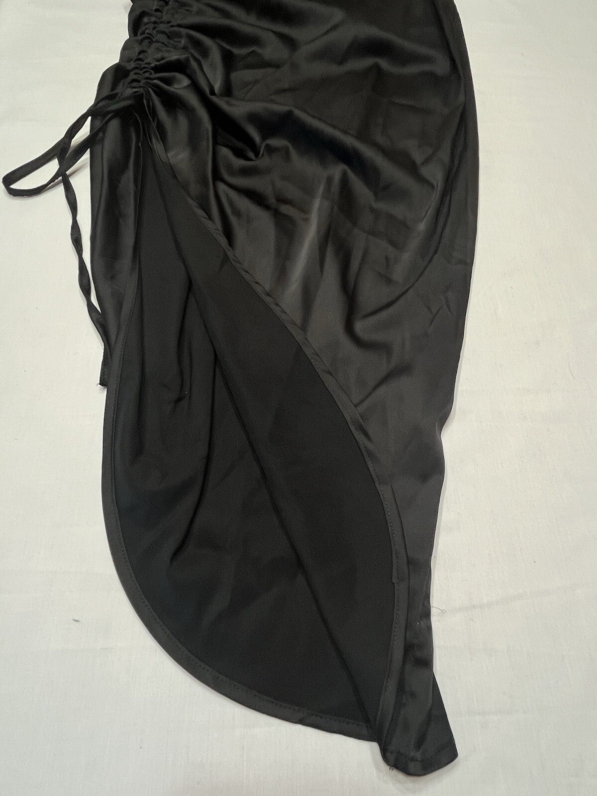 Lyaner Women’s Black Satin Spaghetti Strap Dress Cowl Neck Size Small Ruched Mid