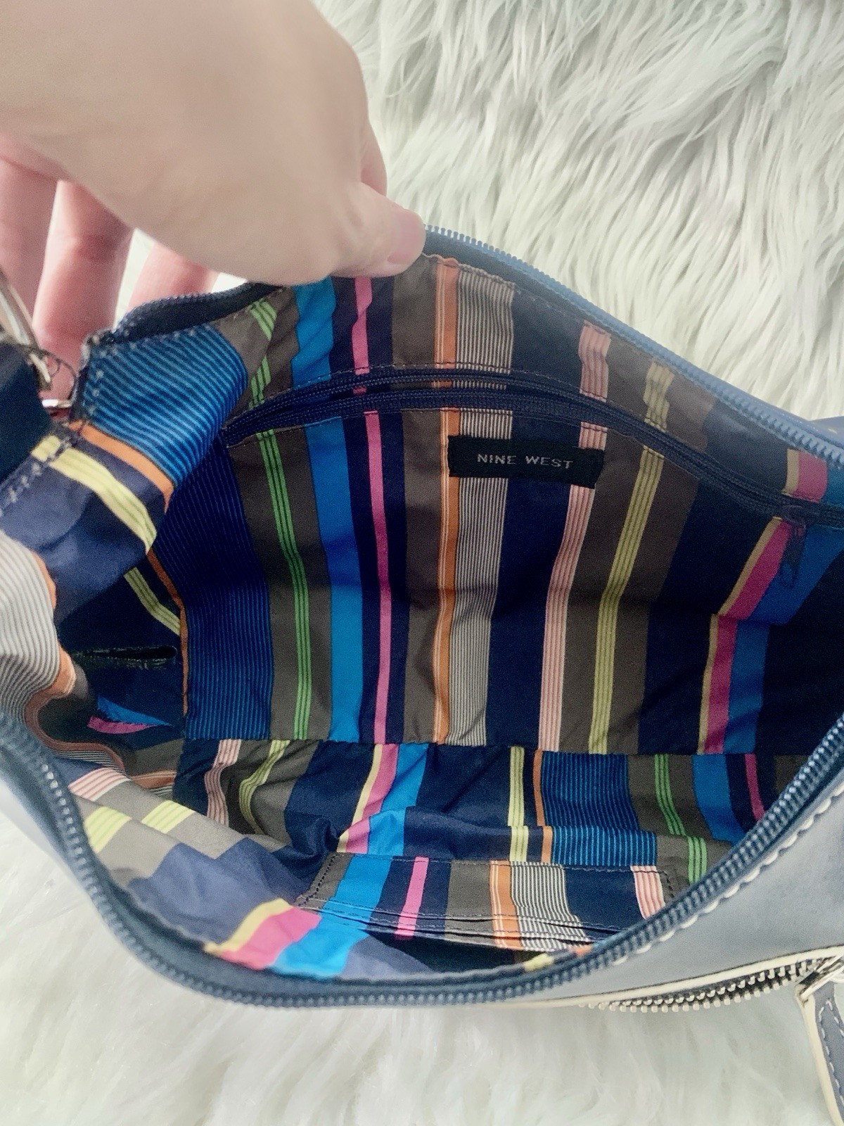 Nine West Blue Crescent Shoulder Bag Zip Closure Inner Pockets Silver Hardware