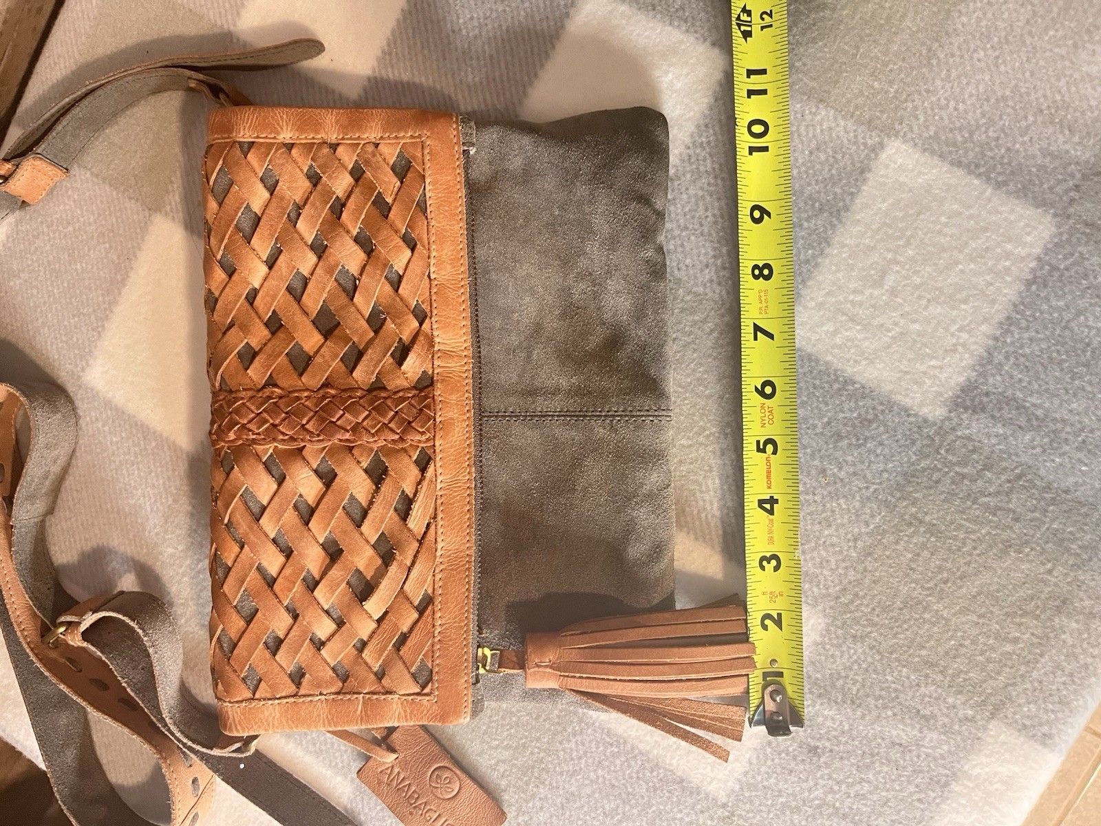 Anabaglish Leather Suede Woven Foldover Crossbody Bag Tassel Boho Brown/Gray