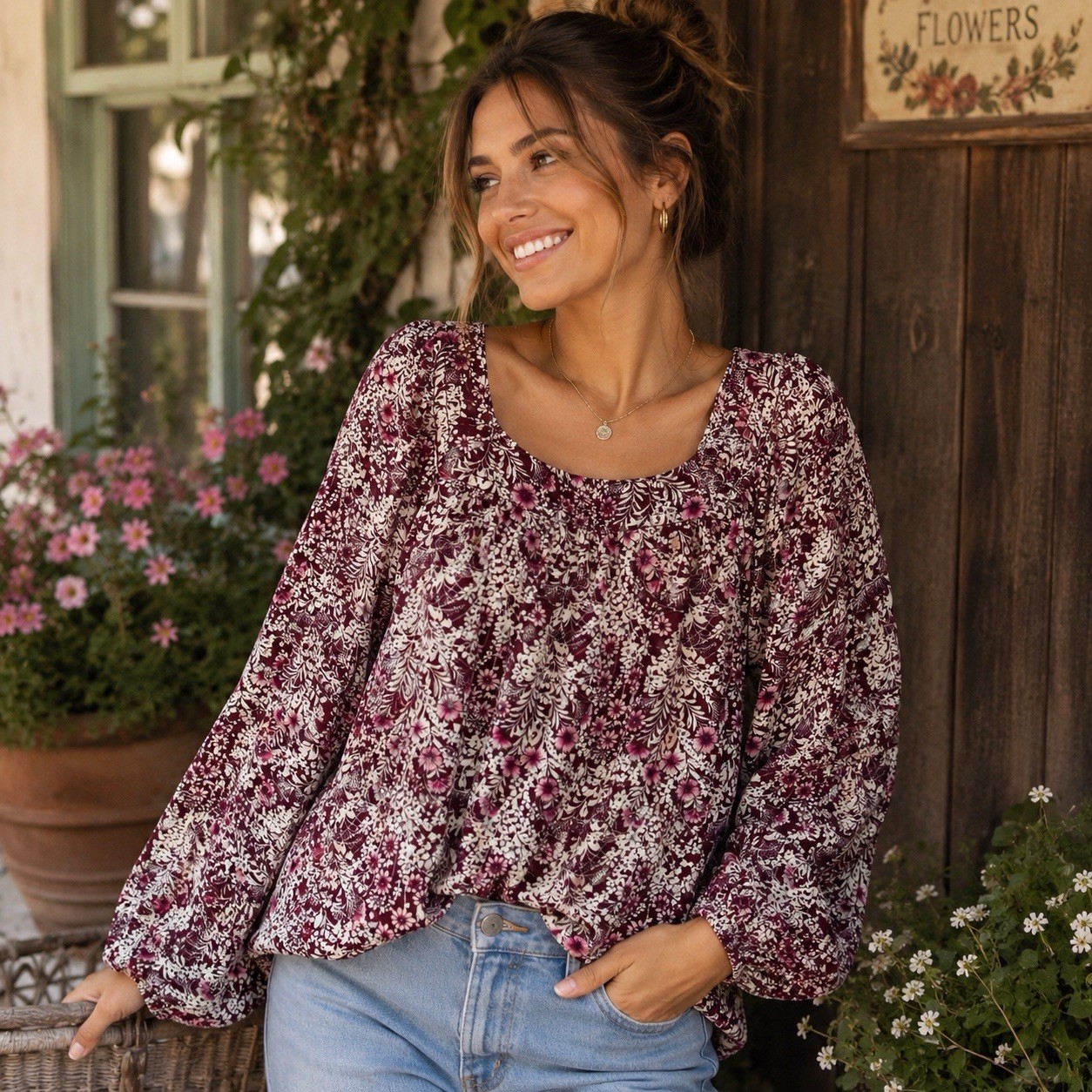 LC Lauren Conrad Floral Peasant Blouse Top XL Burgundy Long Sleeve Boho