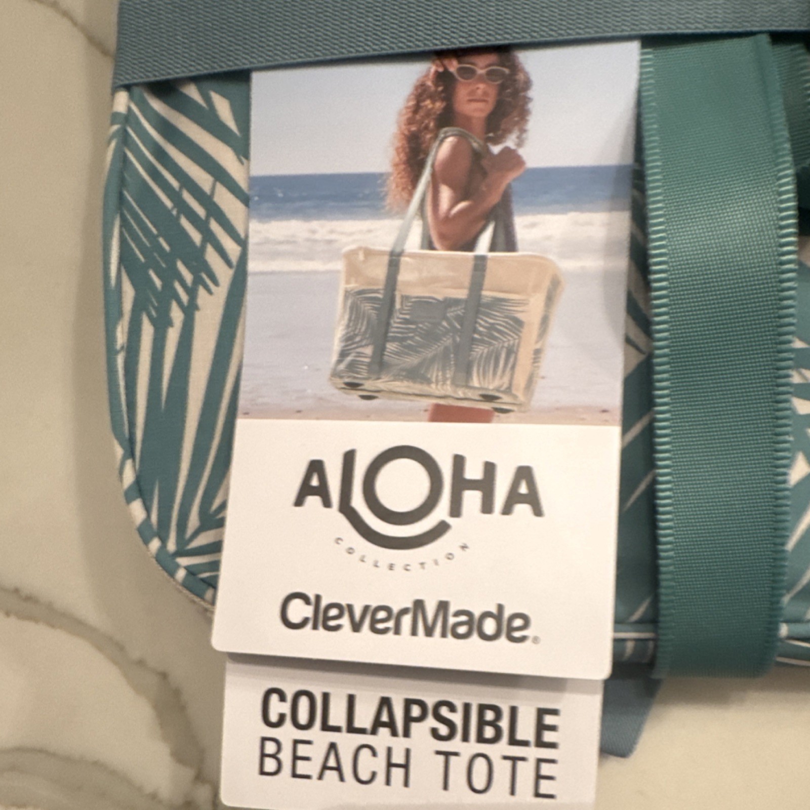 Aloha CleverMade Collapsible Beach Tote Teal Green White Palm Print Women