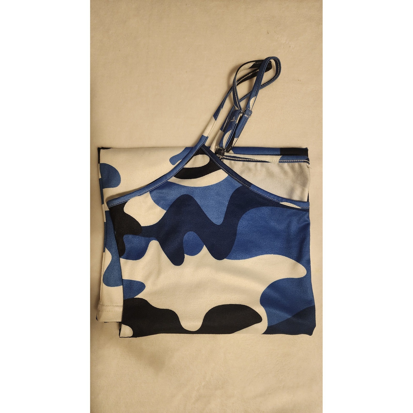 Blue Camouflage Bodycon Mini Dress Adjustable Spaghetti Straps XL Camo Print