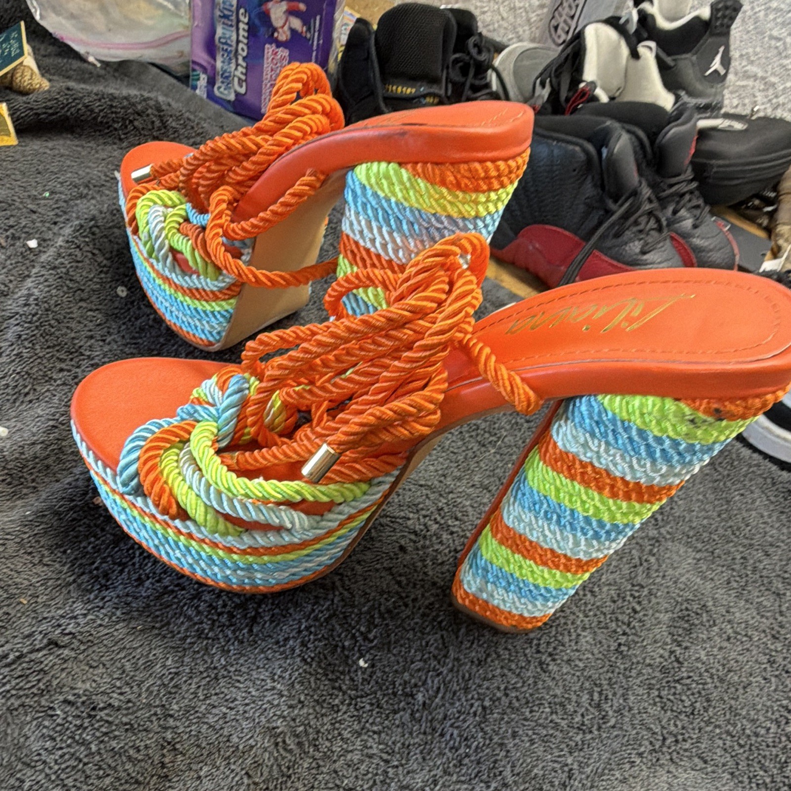 LiLana Women’s Orange Multi Rope Strappy Open Toe Striped Block Heel