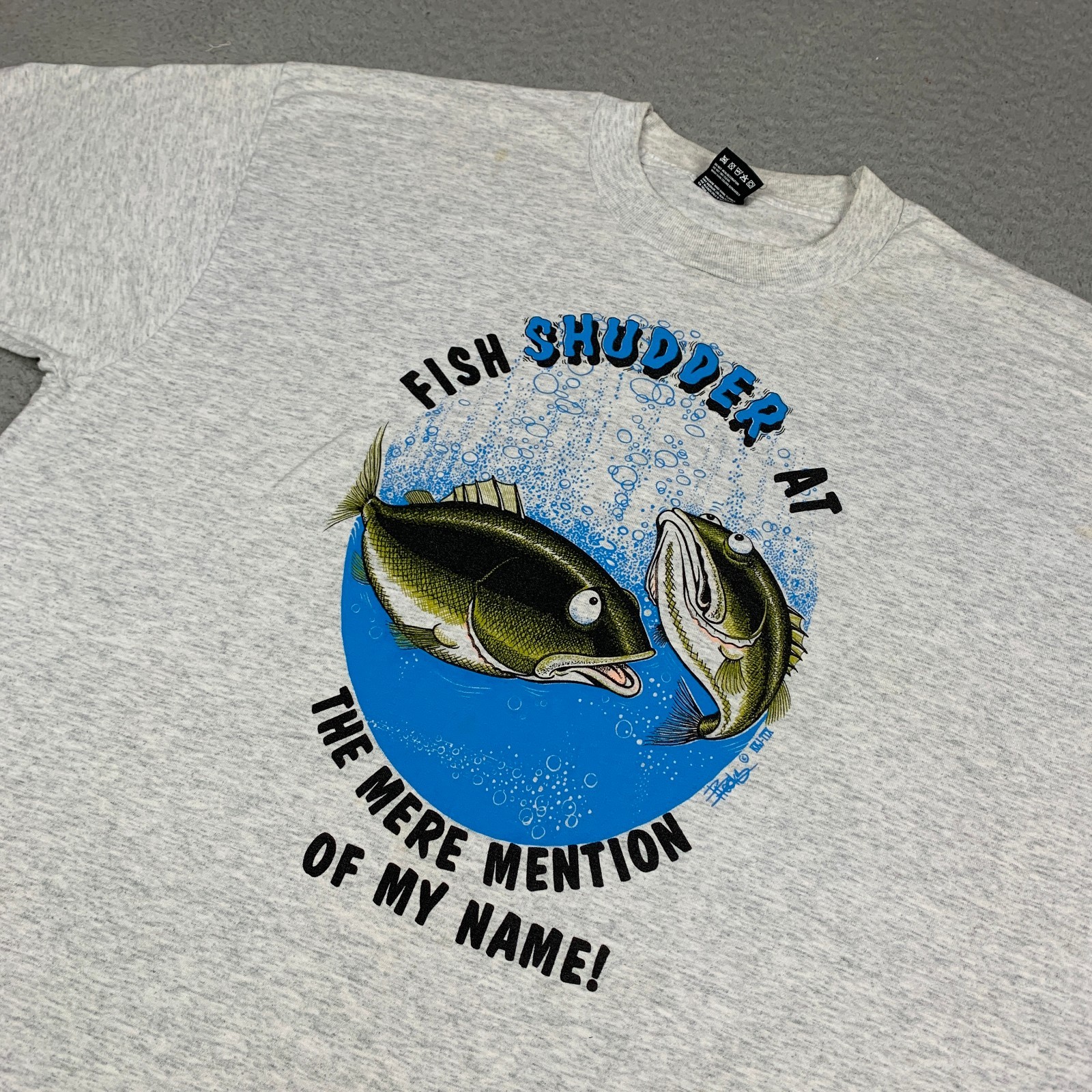 Vintage 90s Fish Art T-Shirt Mens Sz XL Single Stitch Gray Fruit of the Loom