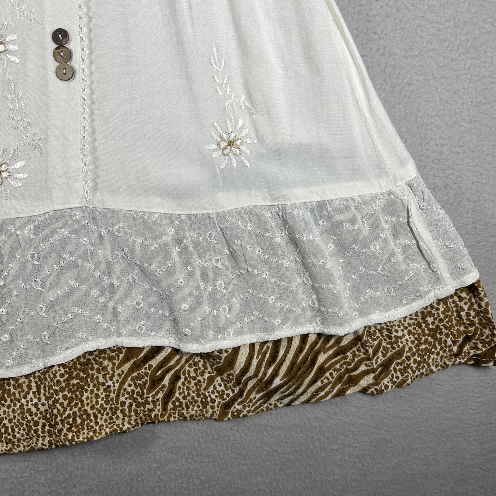 Raya Sun Women’s Size L Boho Embroidered Sundress Lace Trim Hand Wash Beige 38”
