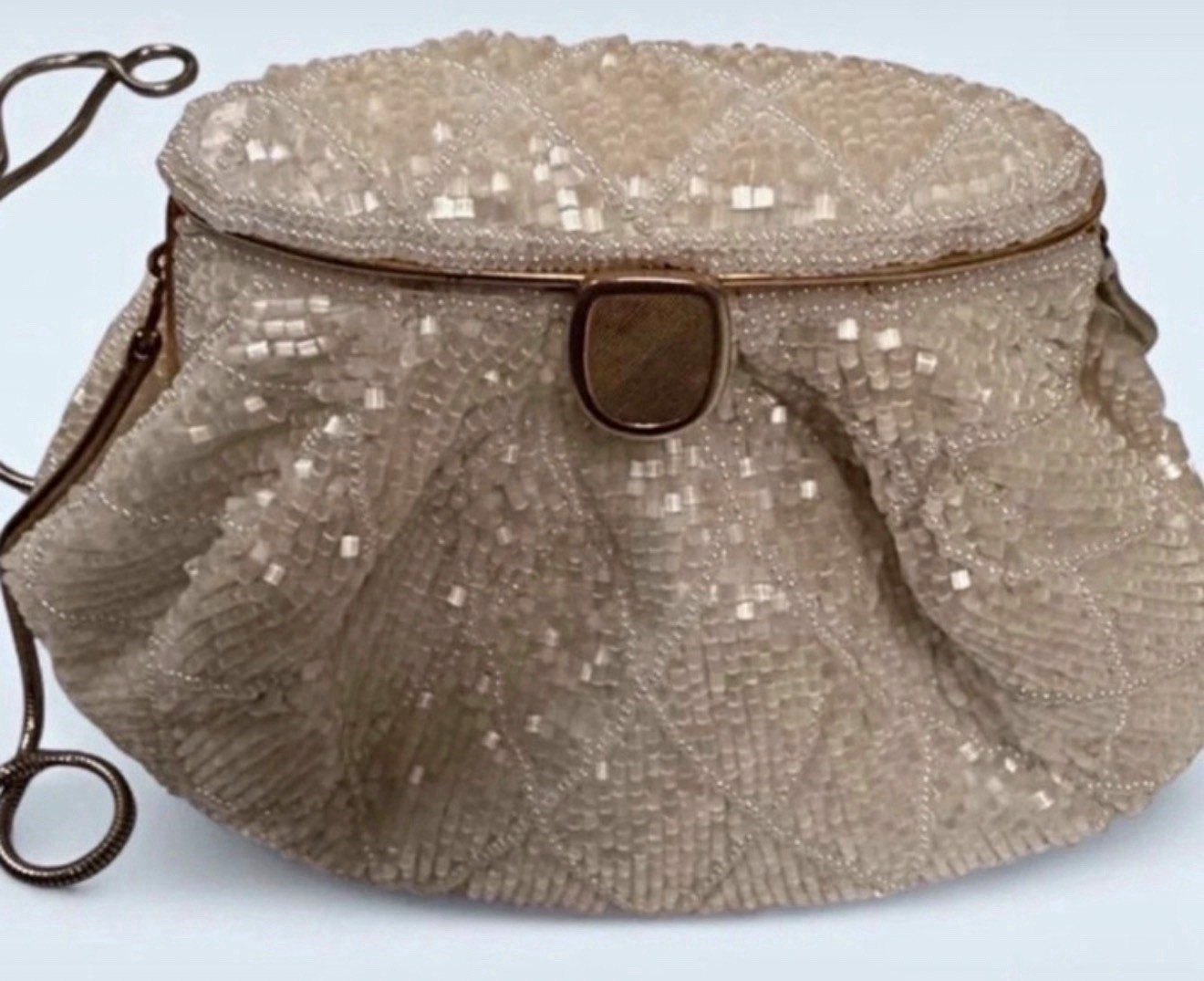 Vanes White Geometric Beaded Clutch Satin Lined Chain Strap Clasp Gold