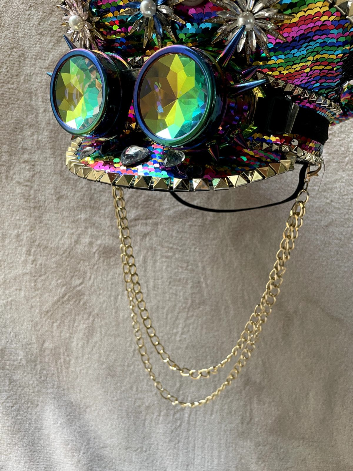 Hat Sequin Festival Military Punk Army Officer Cap 7 3/8″ Inner + Strap + Chains