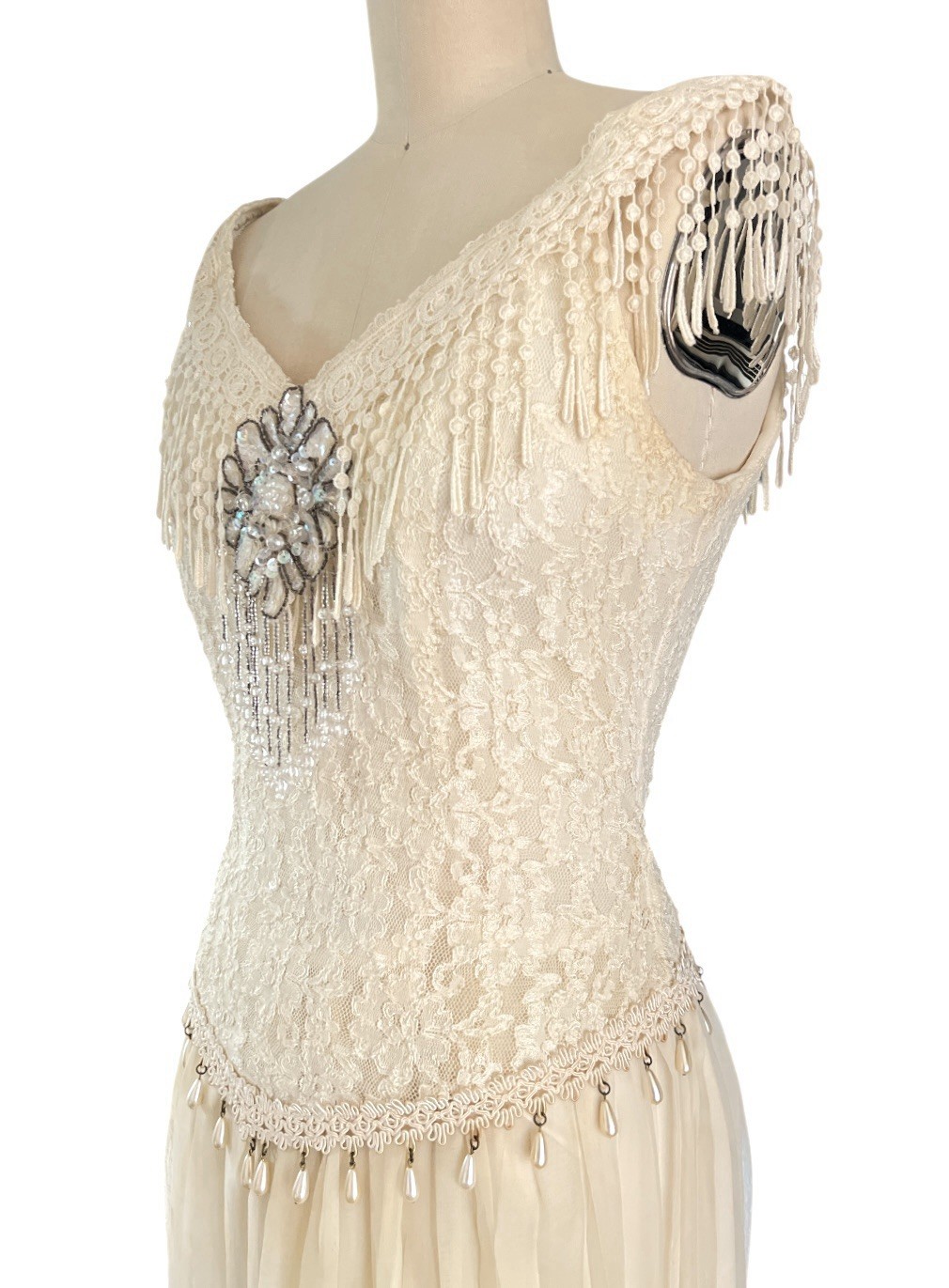 Y2K 90s Lace Midi Dress Sheer Pleated Pearl Beaded Fringe Cottagecore Bridal