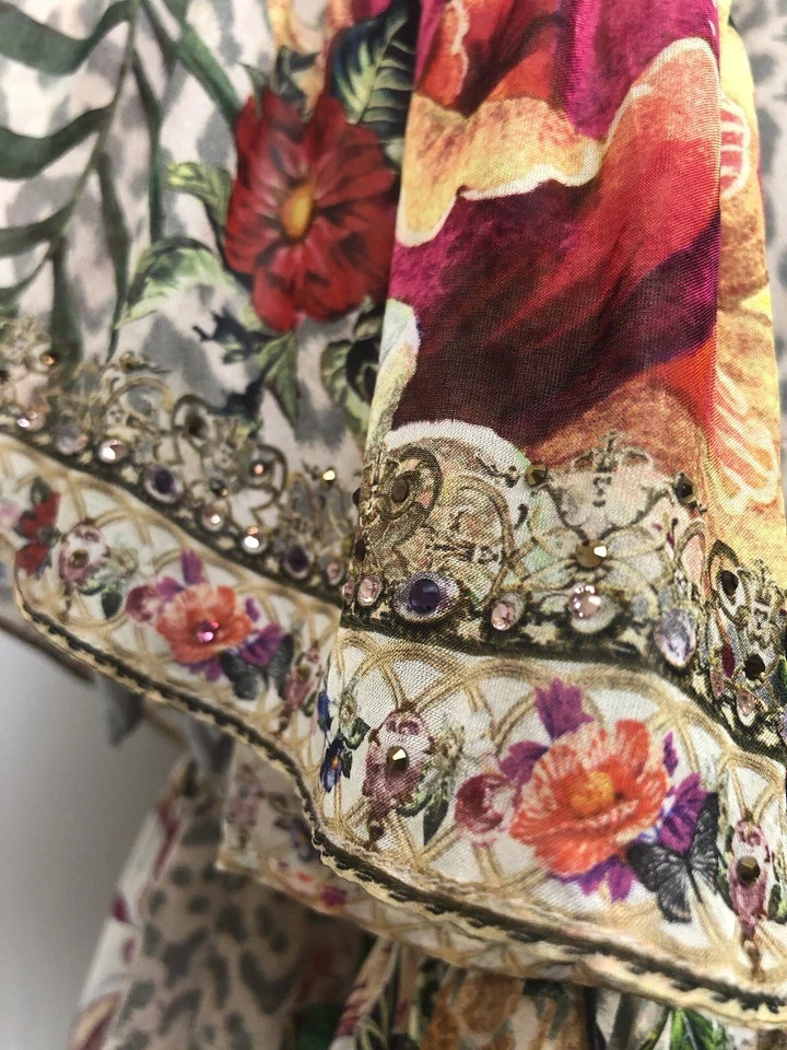 Camilla M/L 12 LEOS BOUQUET A-Line Gathered Panel Dress Short Silk Crystals $699