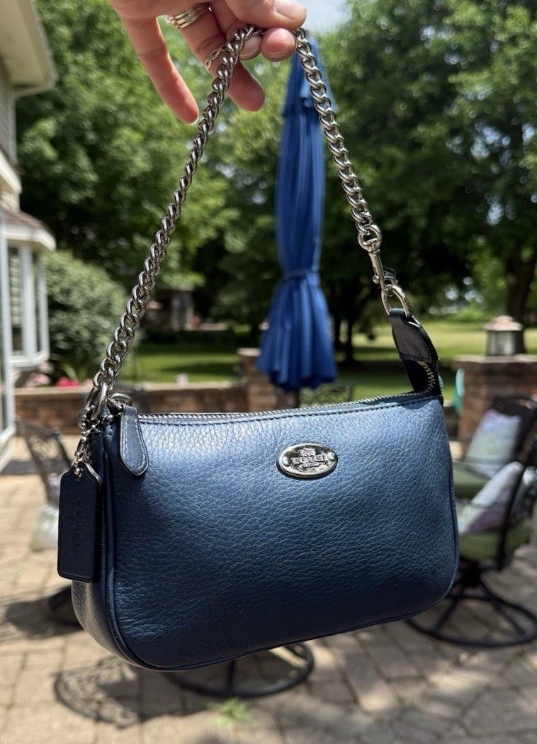 Coach Nolita Mini Handbag Pebbled Leather Metallic Blue Chain Strap Wristlet