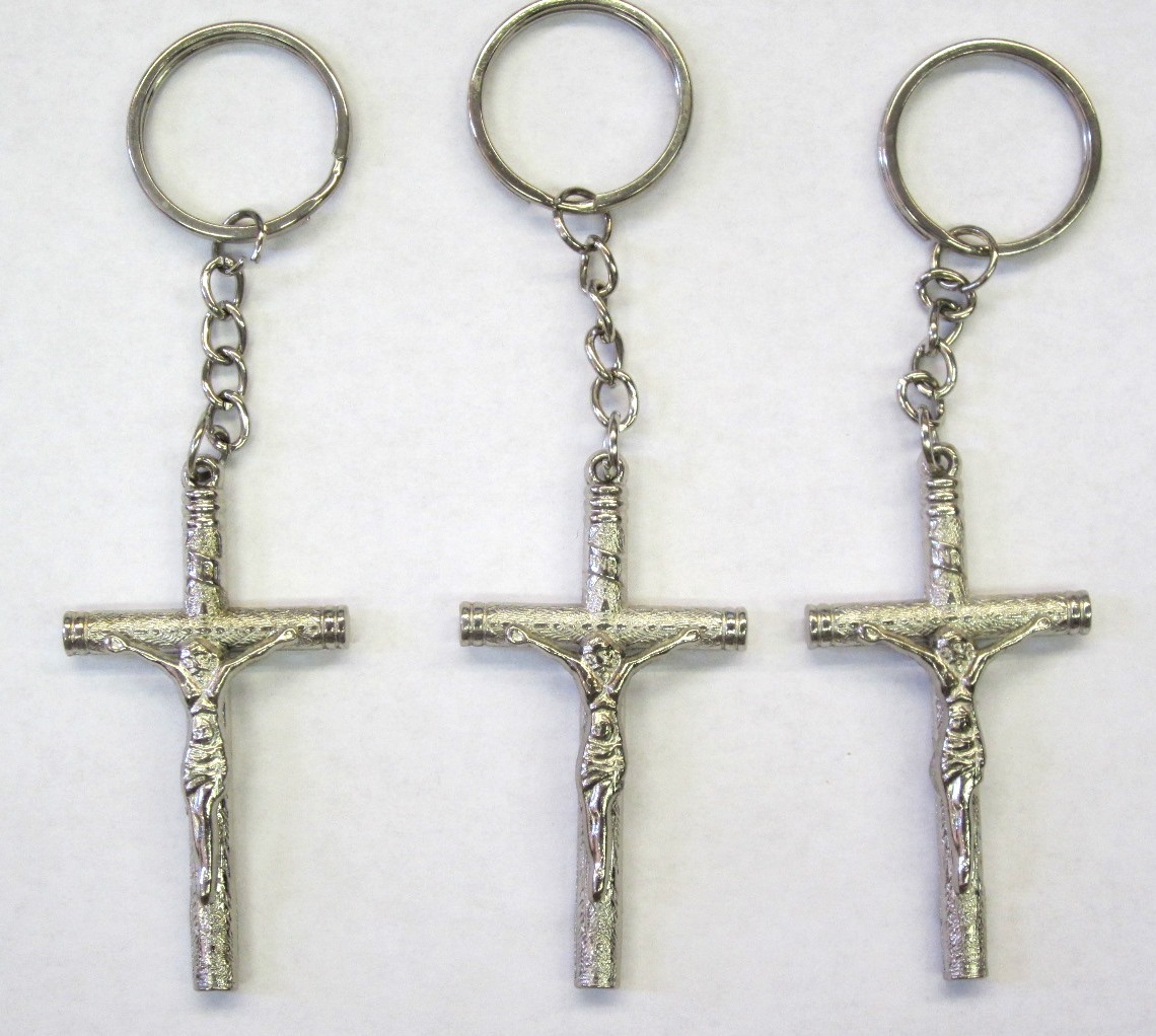 LOT OF 3, 6,12 PIECES —CHRISTIAN CROSS KEYCHAIN KEY RING SILVER METAL