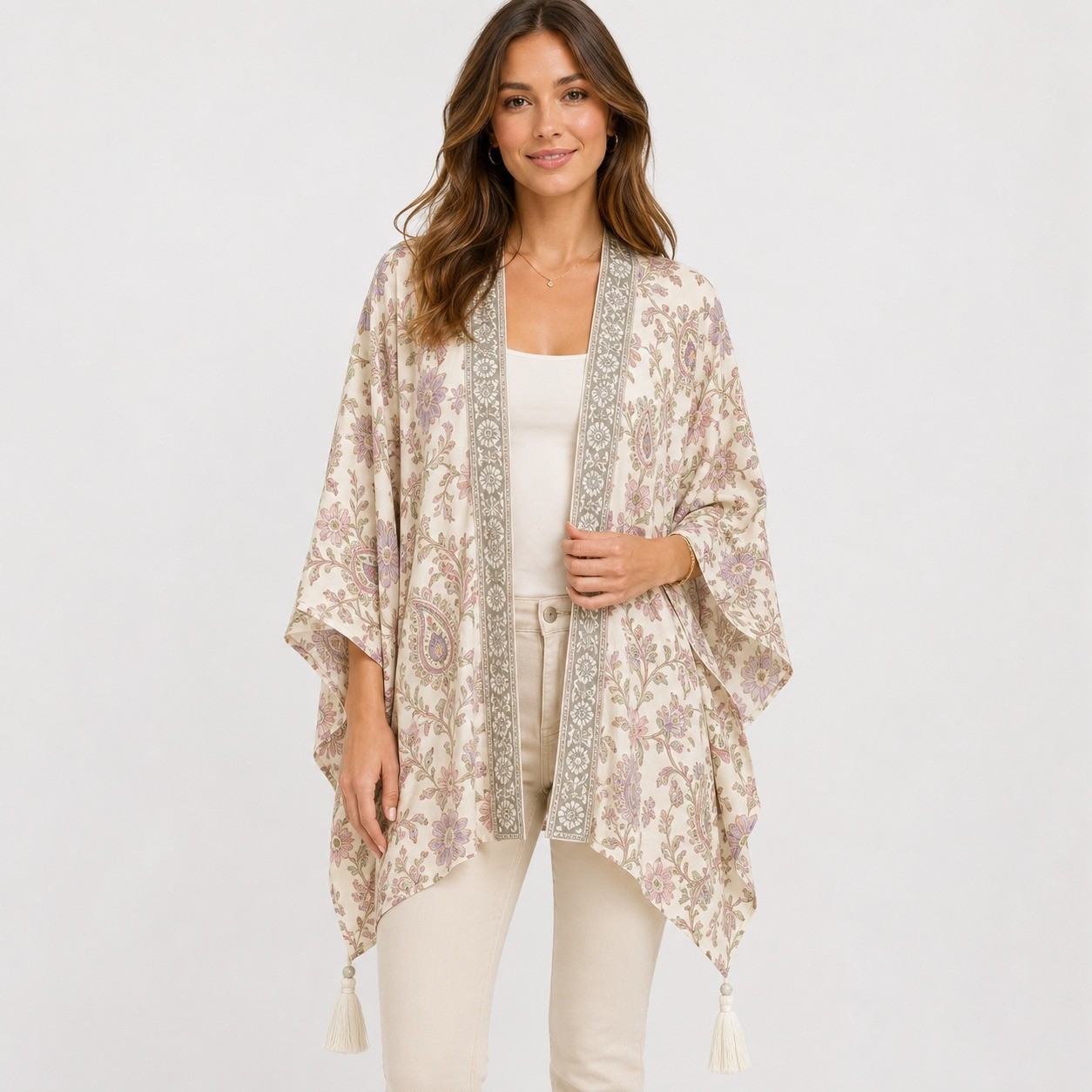 J. Jill Floral Kimono Wrap Barley Multicolored Tassel Open Front XL-3X New