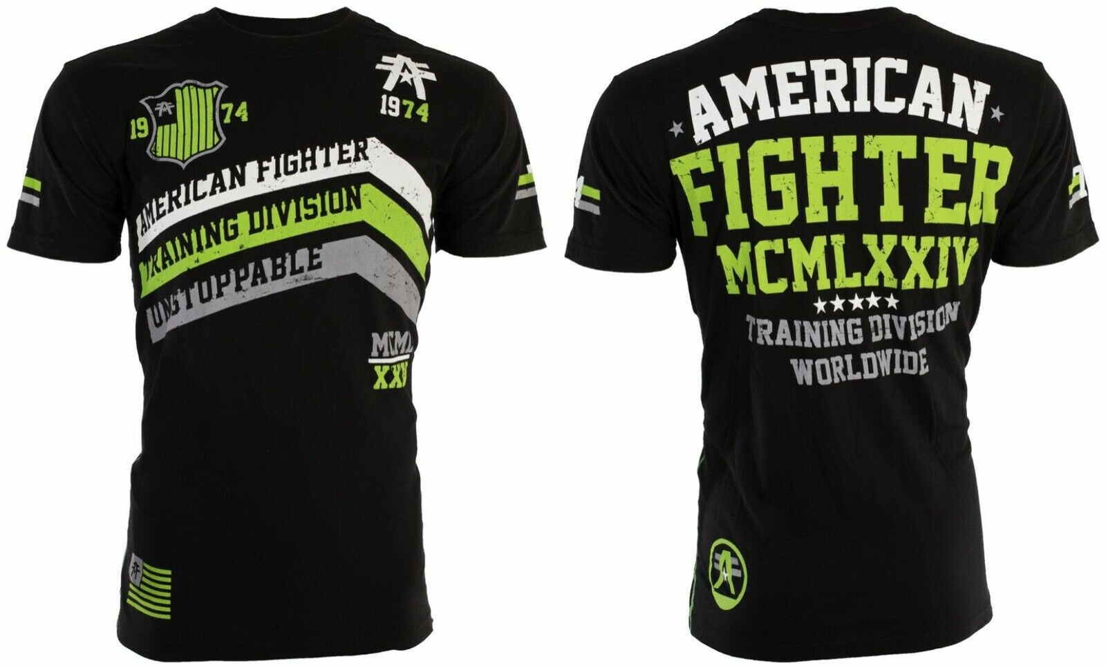 AMERICAN FIGHTER Corner Black Neon Green Athletic Mens Crewneck T-shirt S-3XL