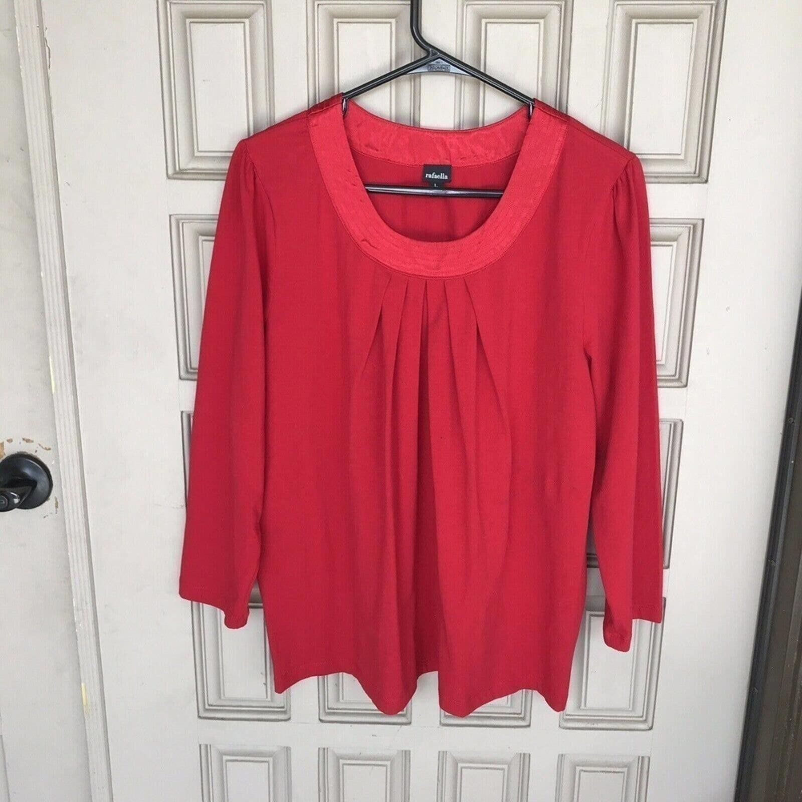 Rafaella Blouse Red Pleat Front Tshirt Material SzL Satin Neckline Pre-Owned