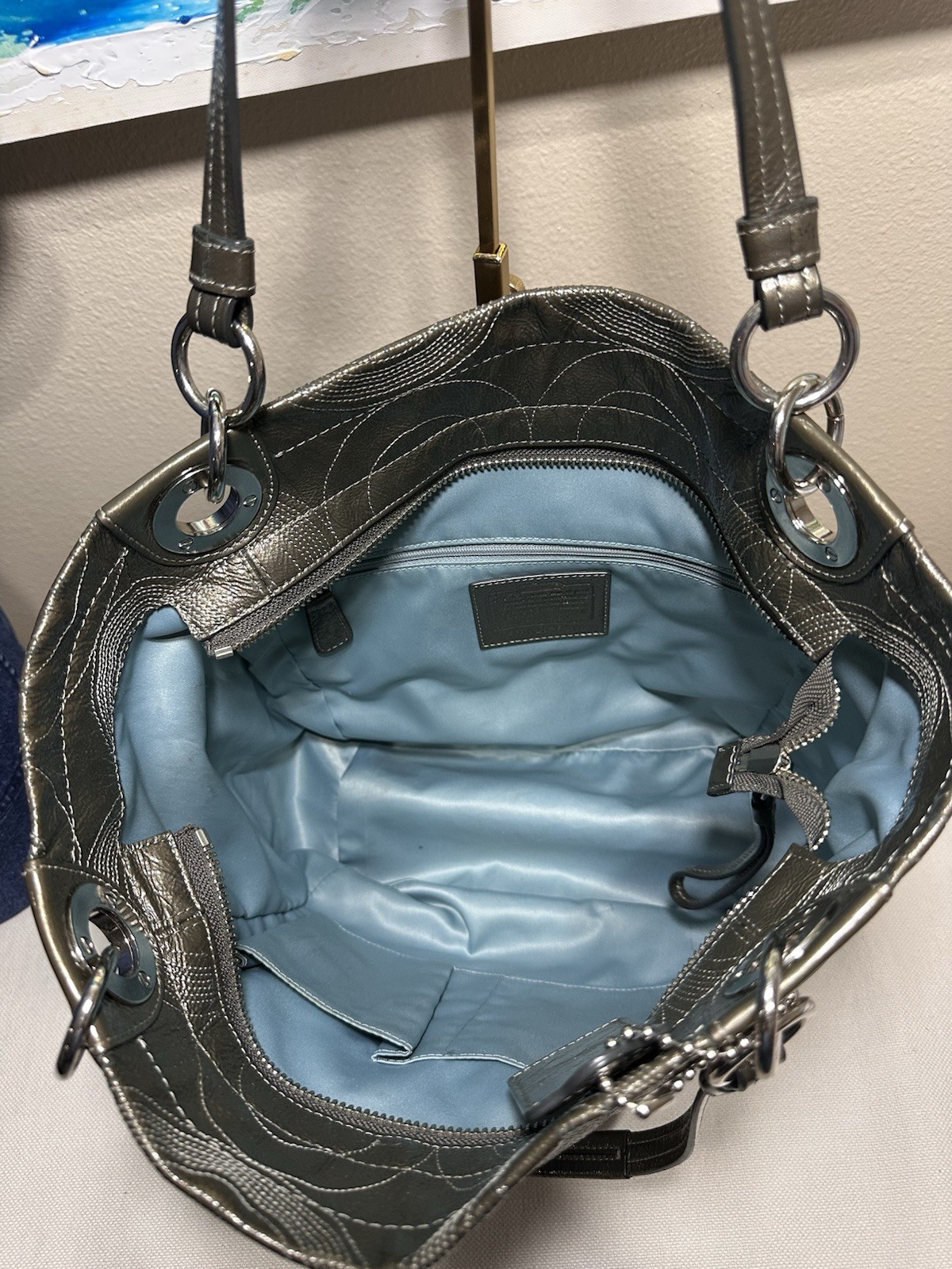 COACH ALEX Stitched Green Patent Leather Shoulder Tote Purse Bag 14265