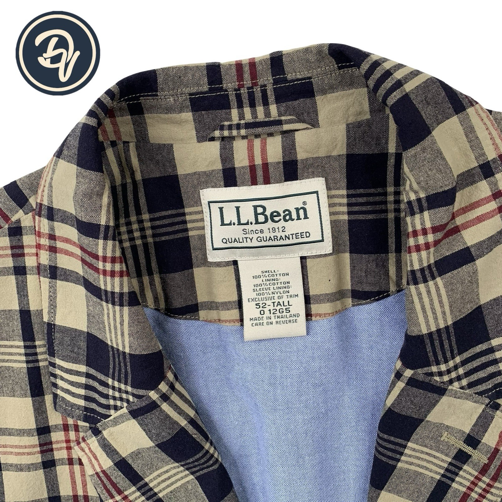 52 L Mens L.L. Bean Brown & Navy Over Check Plaid Canvas Cotton Patch Pocket