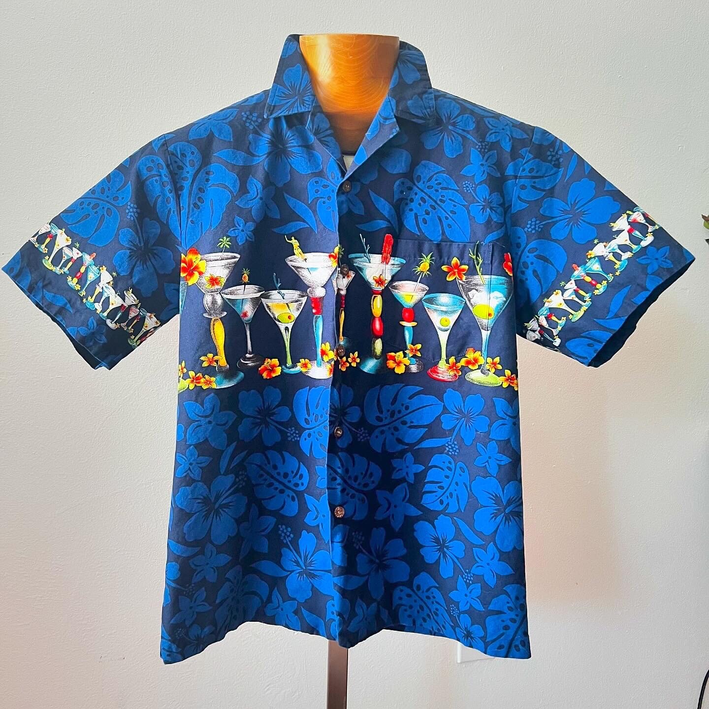 TIKI COCKTAILS 90’s 90s Vintage Blue Cotton Hawaiian Floral Aloha Shirt M 44 46
