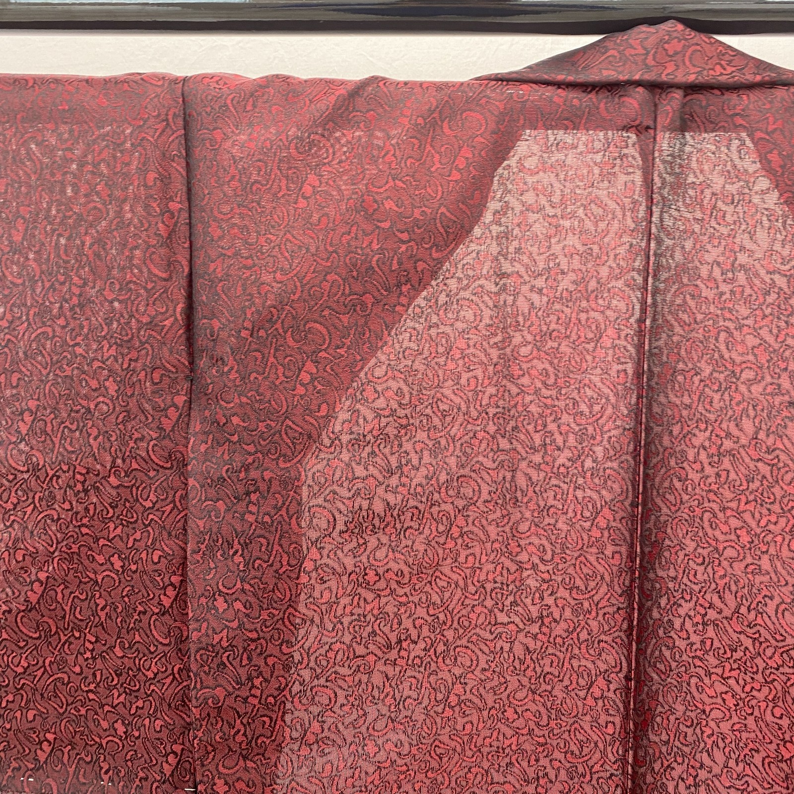 Japanese Vintage Kimono Silk Red No Lining Seethrough Traditional Length 58 in