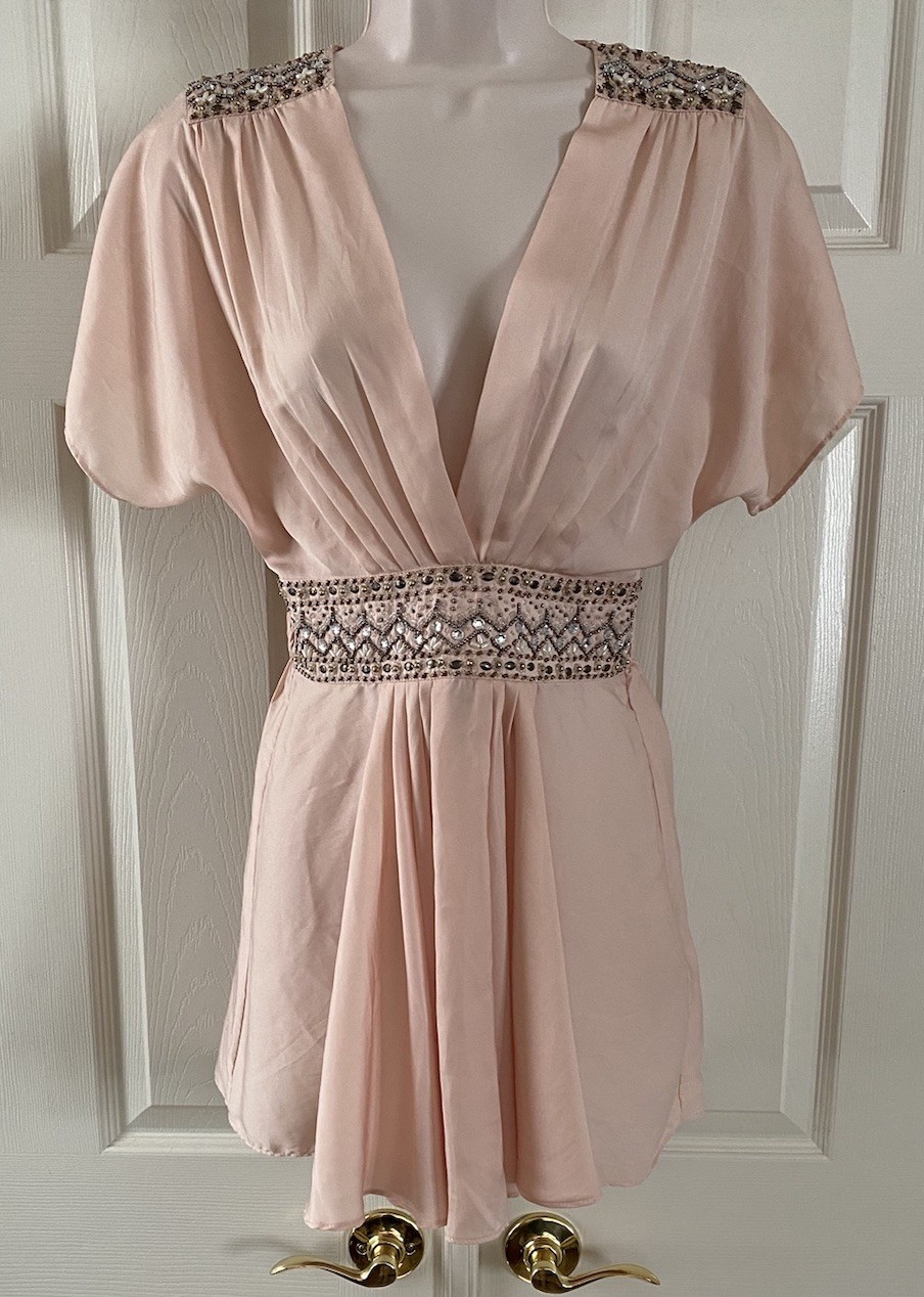 Forever 21 Peach Beaded Romantic Ethereal Babydoll V-Neck Top Short Sleeve ~ S