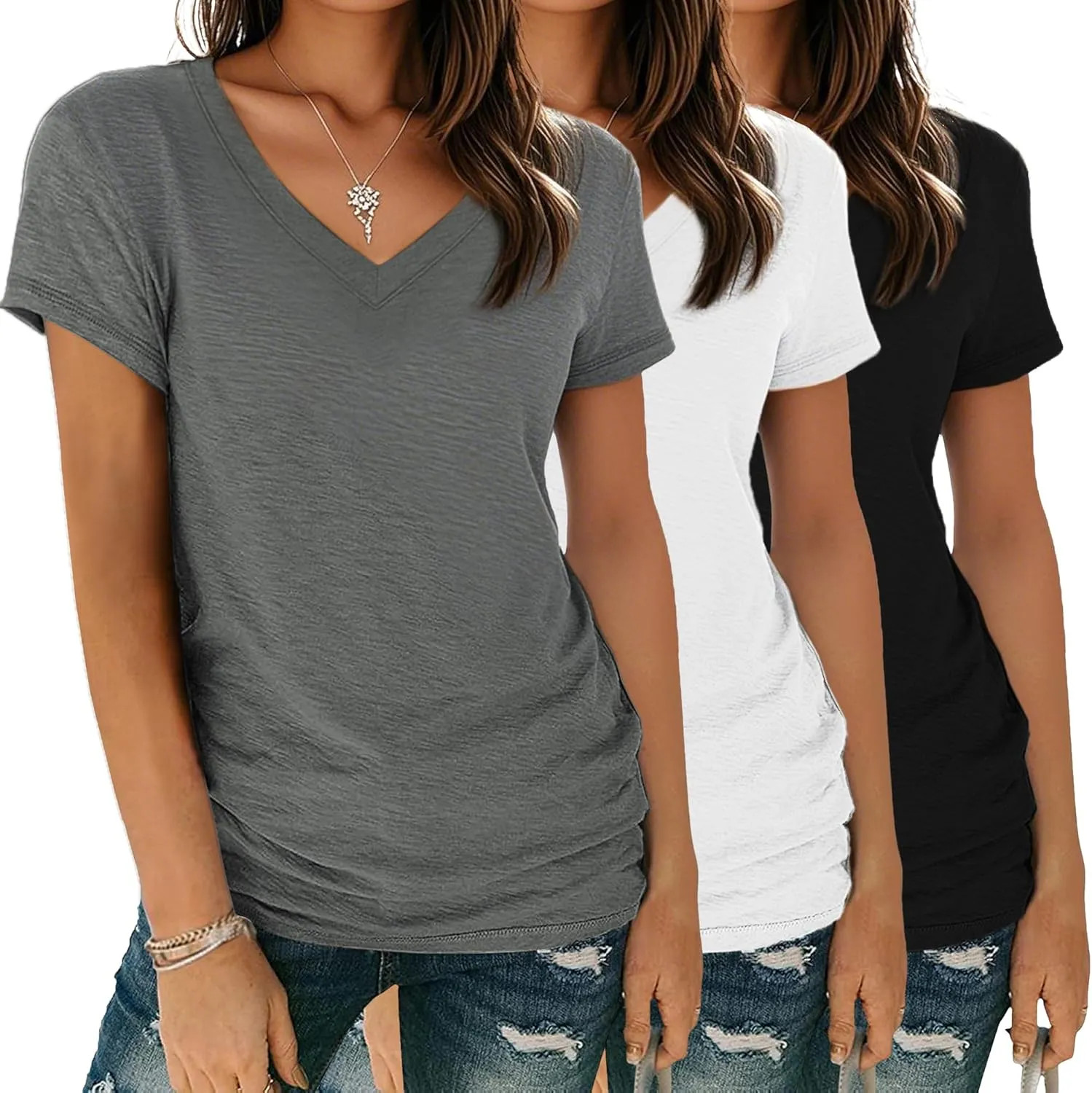 Womens V Neck Short Sleeve Basic T Shirt Loose Fit Casual Summer Tee Top S-XXL