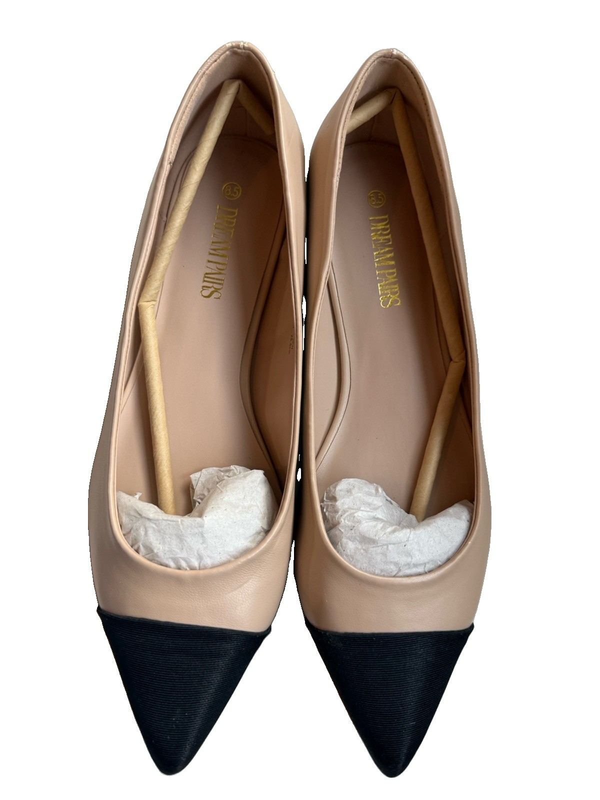 DREAM PAIRS Beige/Black Colorblock Cap Toe Pointed Flats Slip-On US 8.5