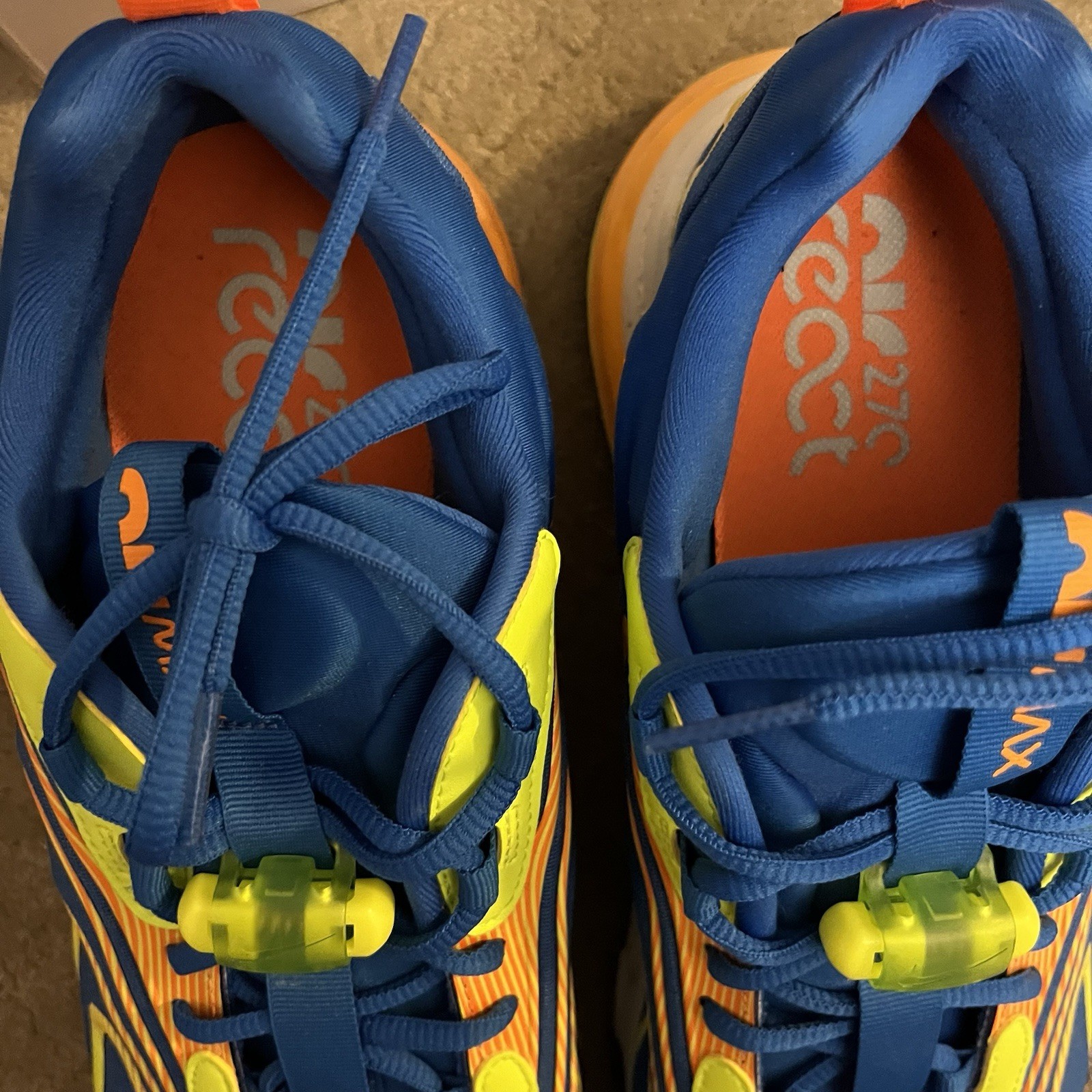 Size 11 – Nike Air Max 270 React ENG Blue w electric yellow & orange