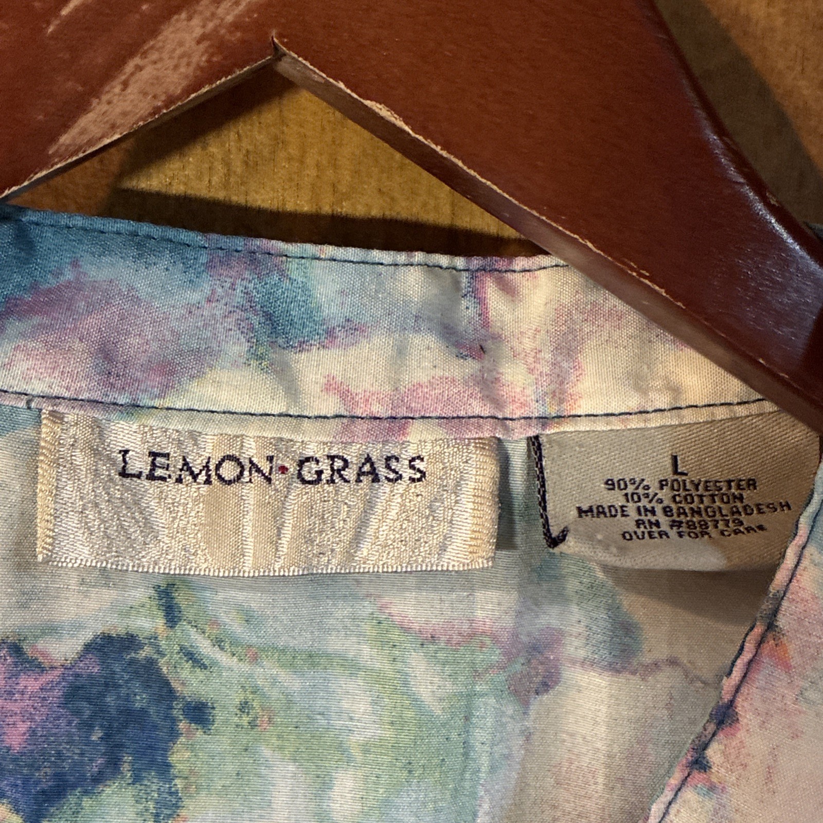 Lemon Grass Water Lily Print Blouse Sz L Mandarin Collar Coastal Grandma Summer