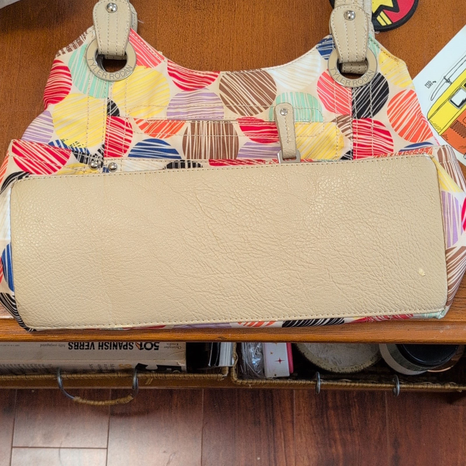 Tyler Rodan Polka Dot Multicolor Shoulder Bag Beige Strap Purple Lining