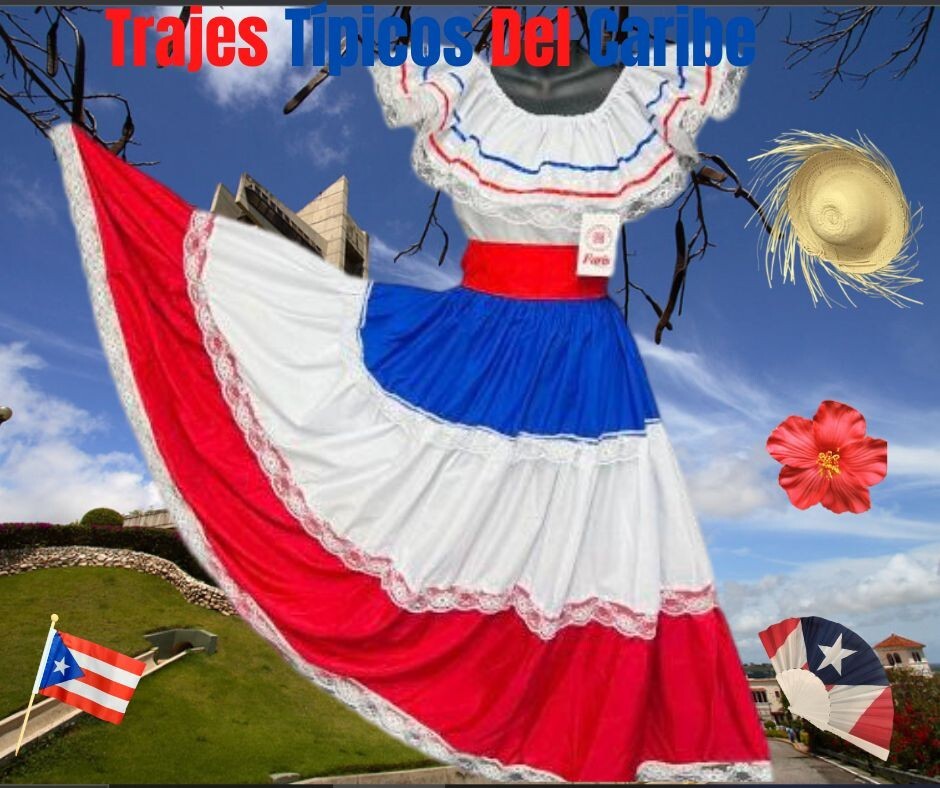 Caribe Typical 3 P/C Set Flag Color Skirt Set, Ropa Tipica Del Caribe. (3 Piece)