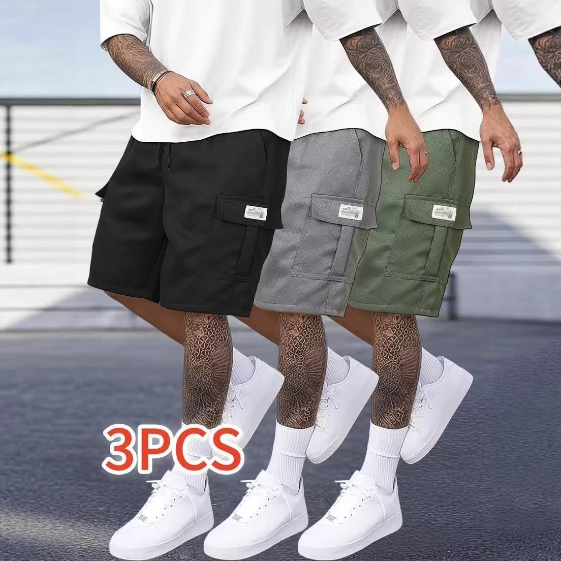 3 Pack Men Casual Cargo Short Elastic Waist Multi-Pocket Summer Streetwear Short