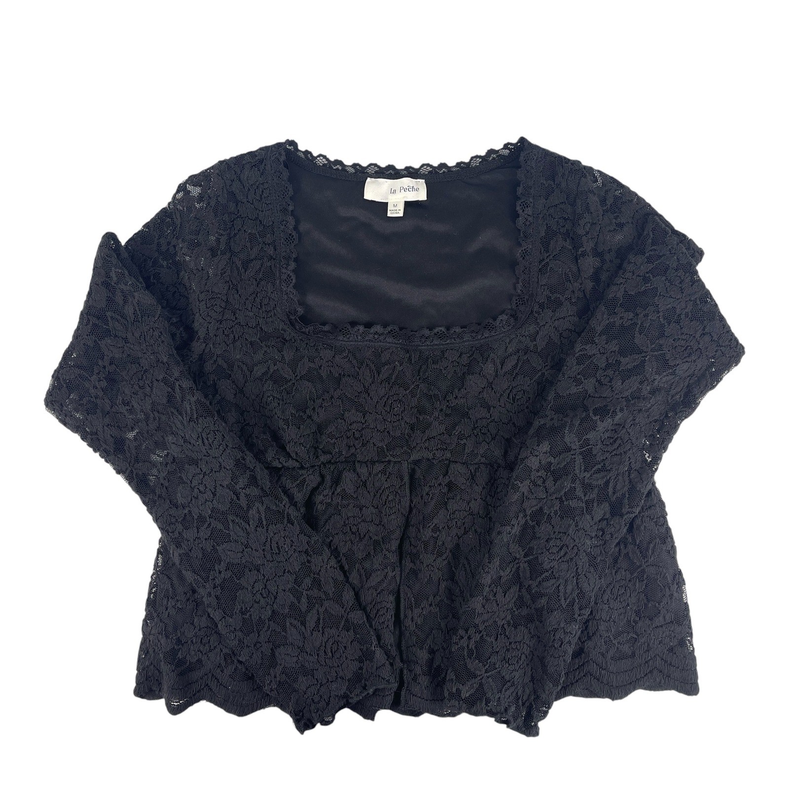 La Peche Black Lace Long Sleeve Top Square Neck Peplum Babydoll M