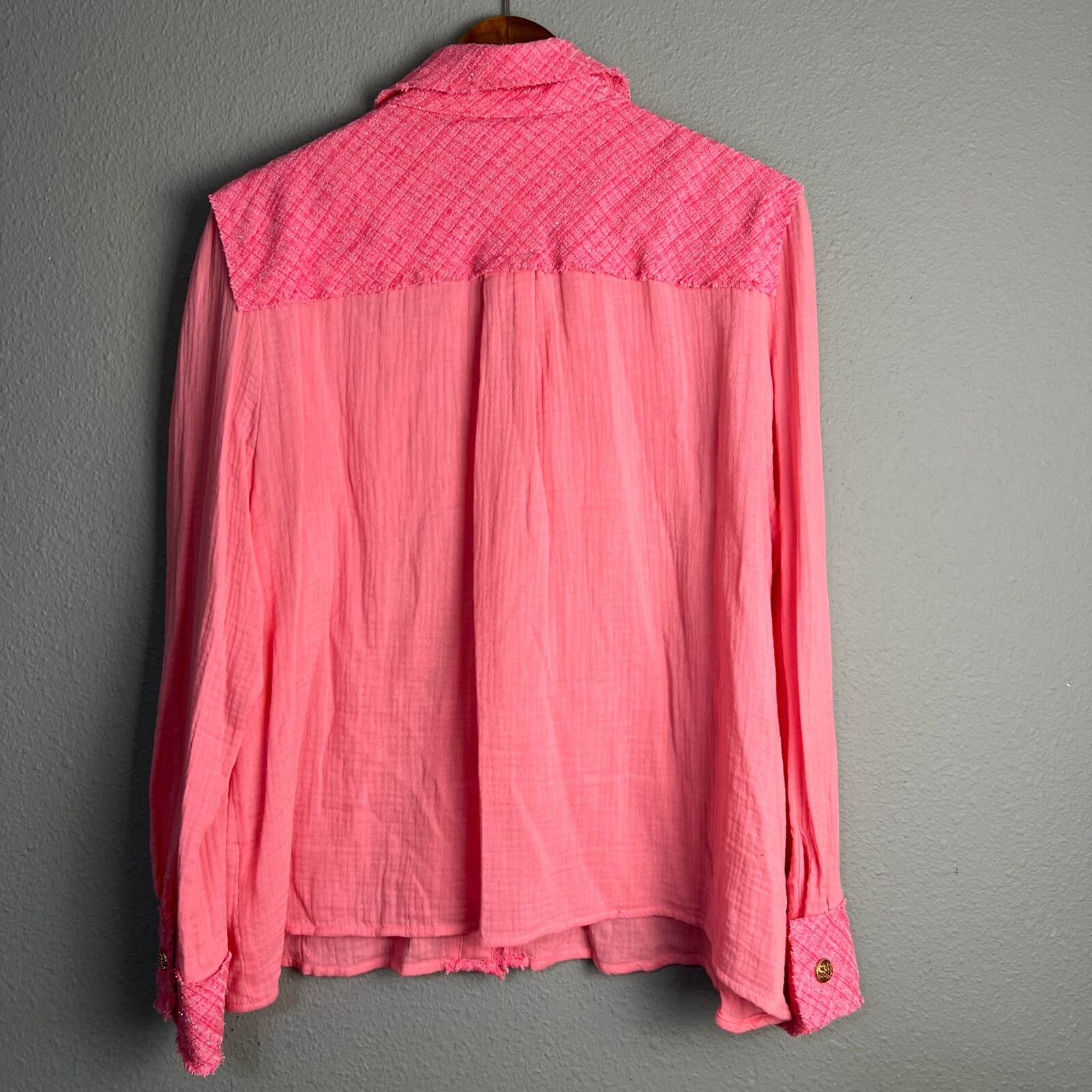 Davi & Dani Barbie Pink Tweed Accent Button Down Mixed Media Boho Shirt Large
