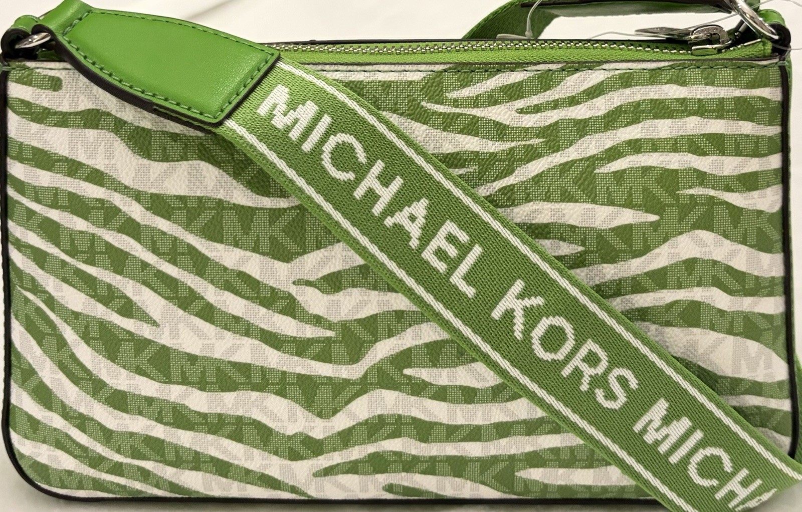 NWT Michael Kors Jet Set Travel Zebra Green/White Crossbody + Coin & Tech Pouch