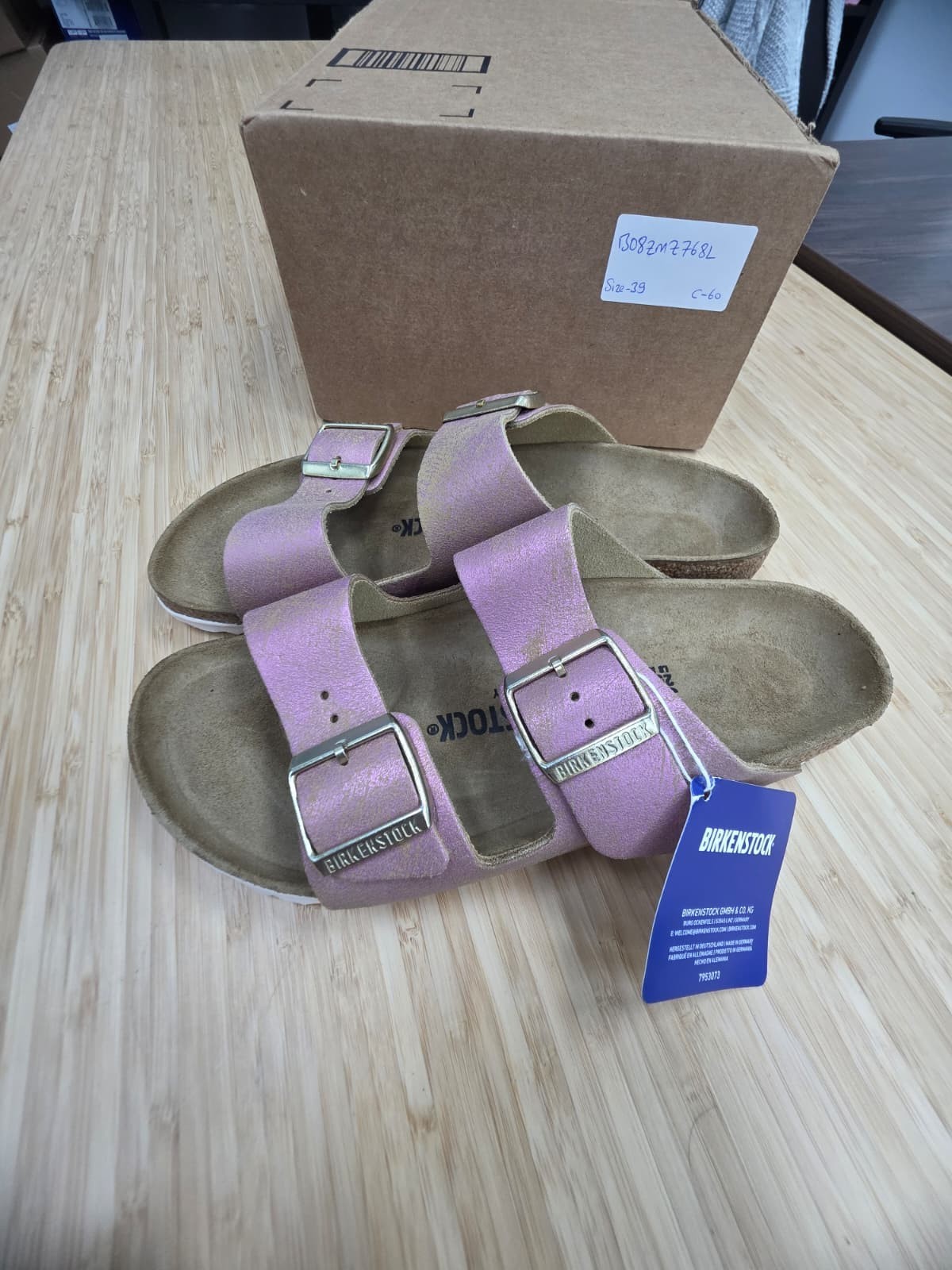 Birkenstock Arizona Birko Sandals Unisex Washed Metallic Pink Size EU39/US W8-M6