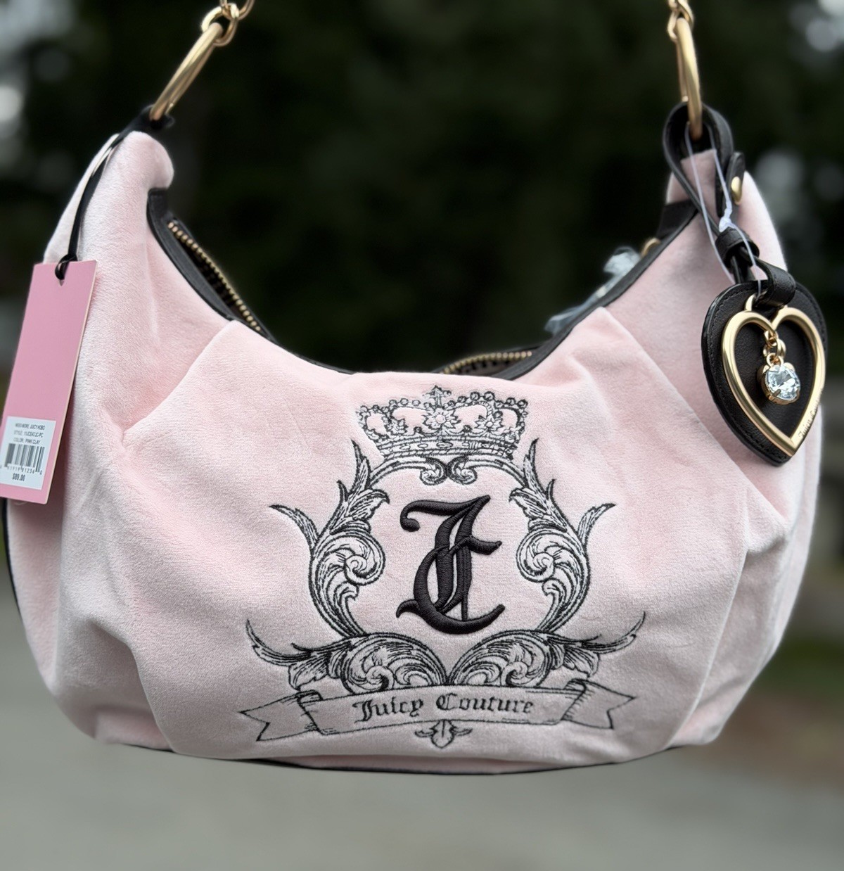 Juicy Couture Need More Juicy Hobo Shoulder Bag Heart Charm Pink Iconic Logo Y2K