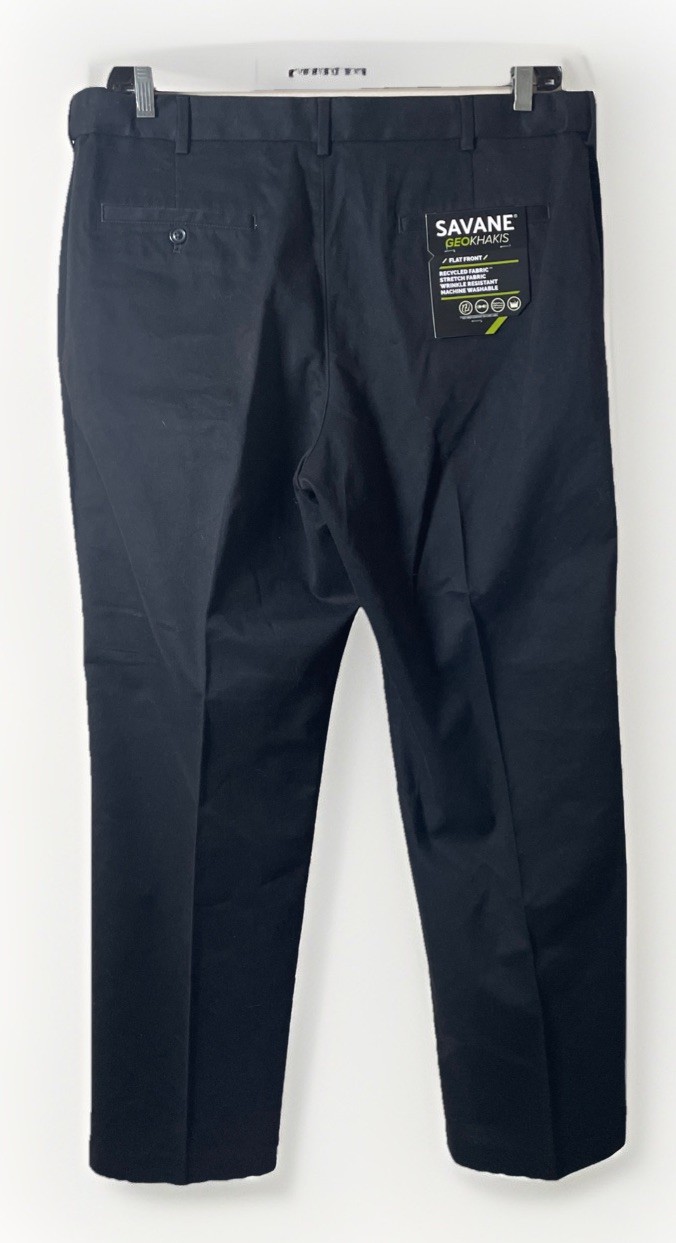 Savane Geokhakis Black Flat Front Tapered Leg Pants Men’s Size 38×30 NWT Stretch