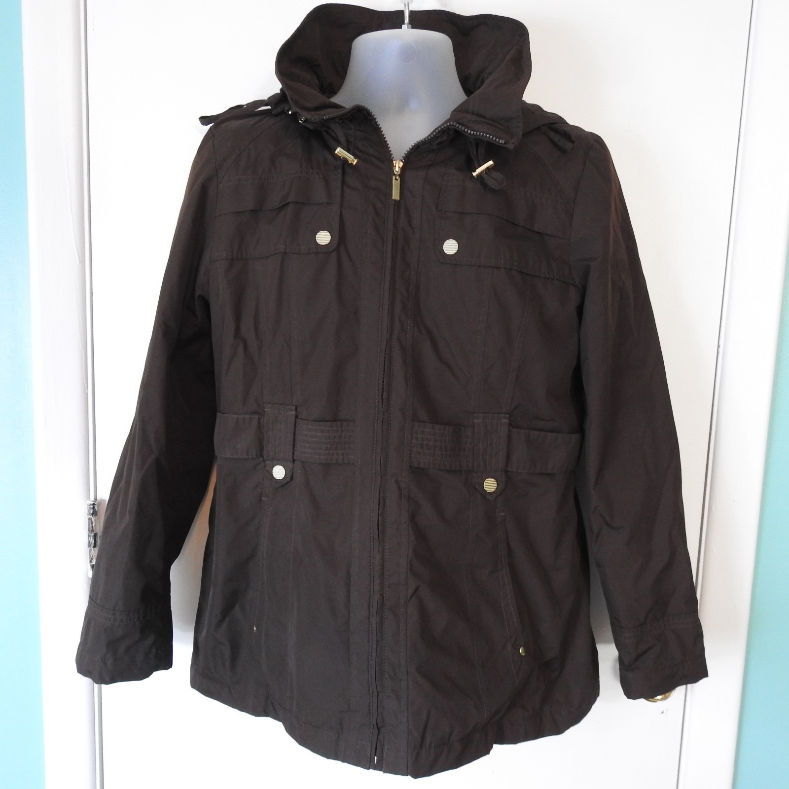 Weather Tamer Women’s Removable Hood Coat L Dark Brown Faux Belt Gold Accents