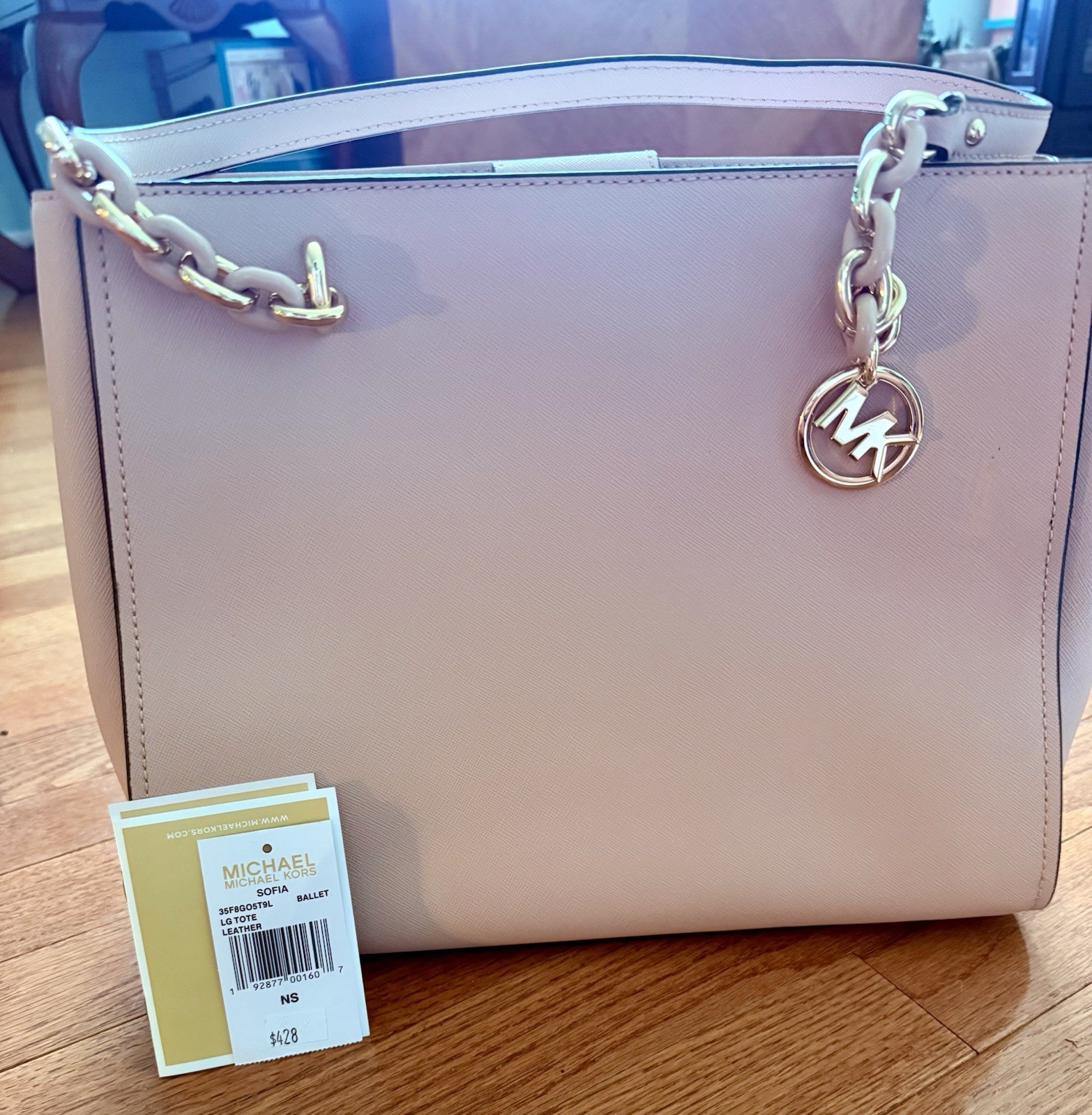 Michael Kors Sofia Tote Ballet Pink Gold-Tone Chain Logo Charm Medium
