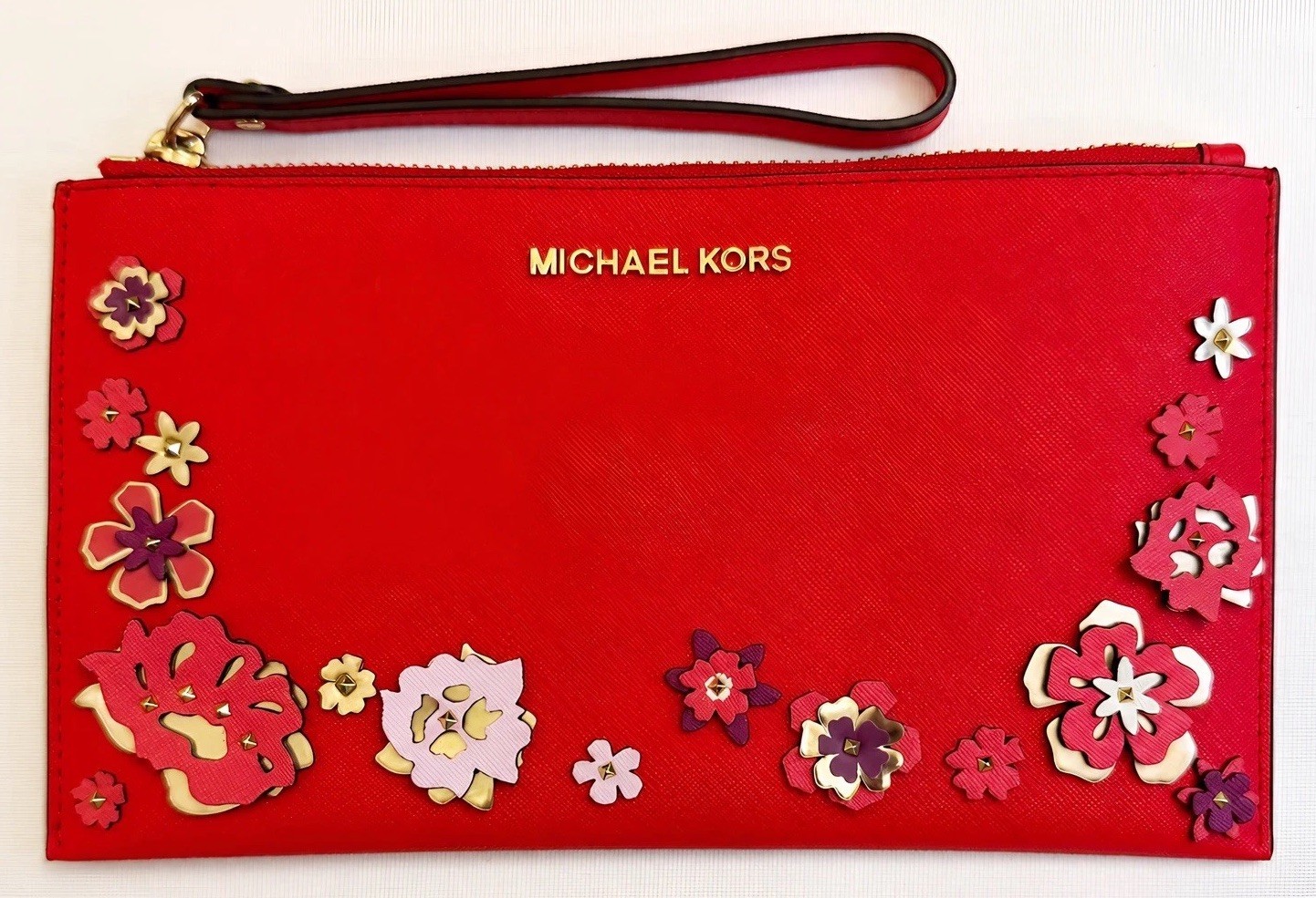 Michael Kors Jet Set Travel Floral Wristlet Clutch Wallet Red NWOT Leather