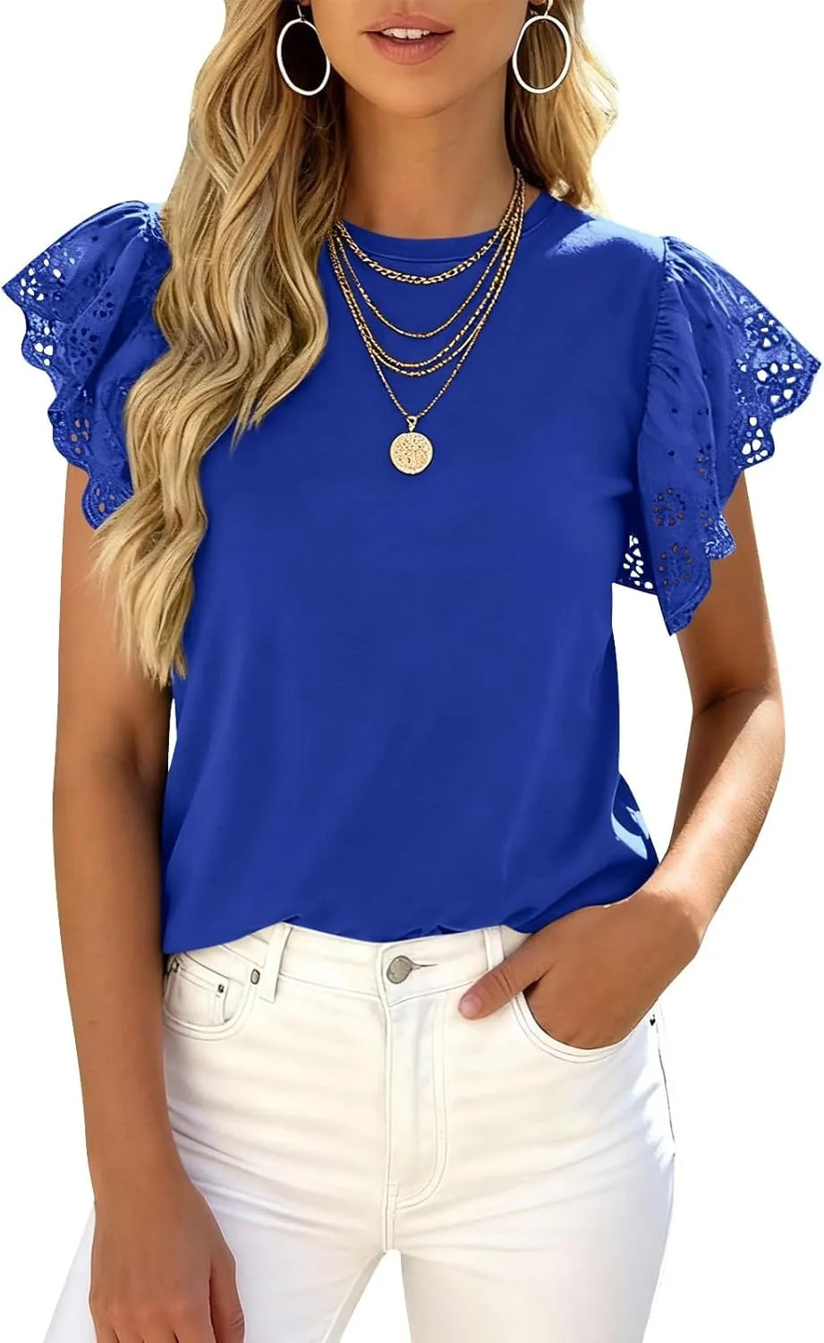 PRETTYGARDEN Womens Dressy Casual Hollow Out Short Sleeve Crewneck T Shirt Bl…