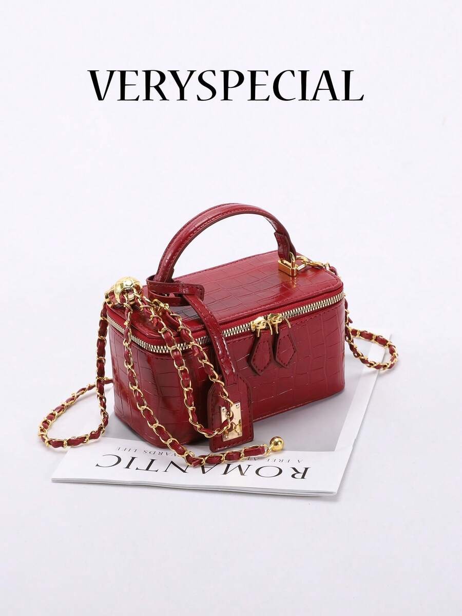 Mini Quilted Box Bag Rhinestone Embroidery Zipper Handbag Chain Strap Purse