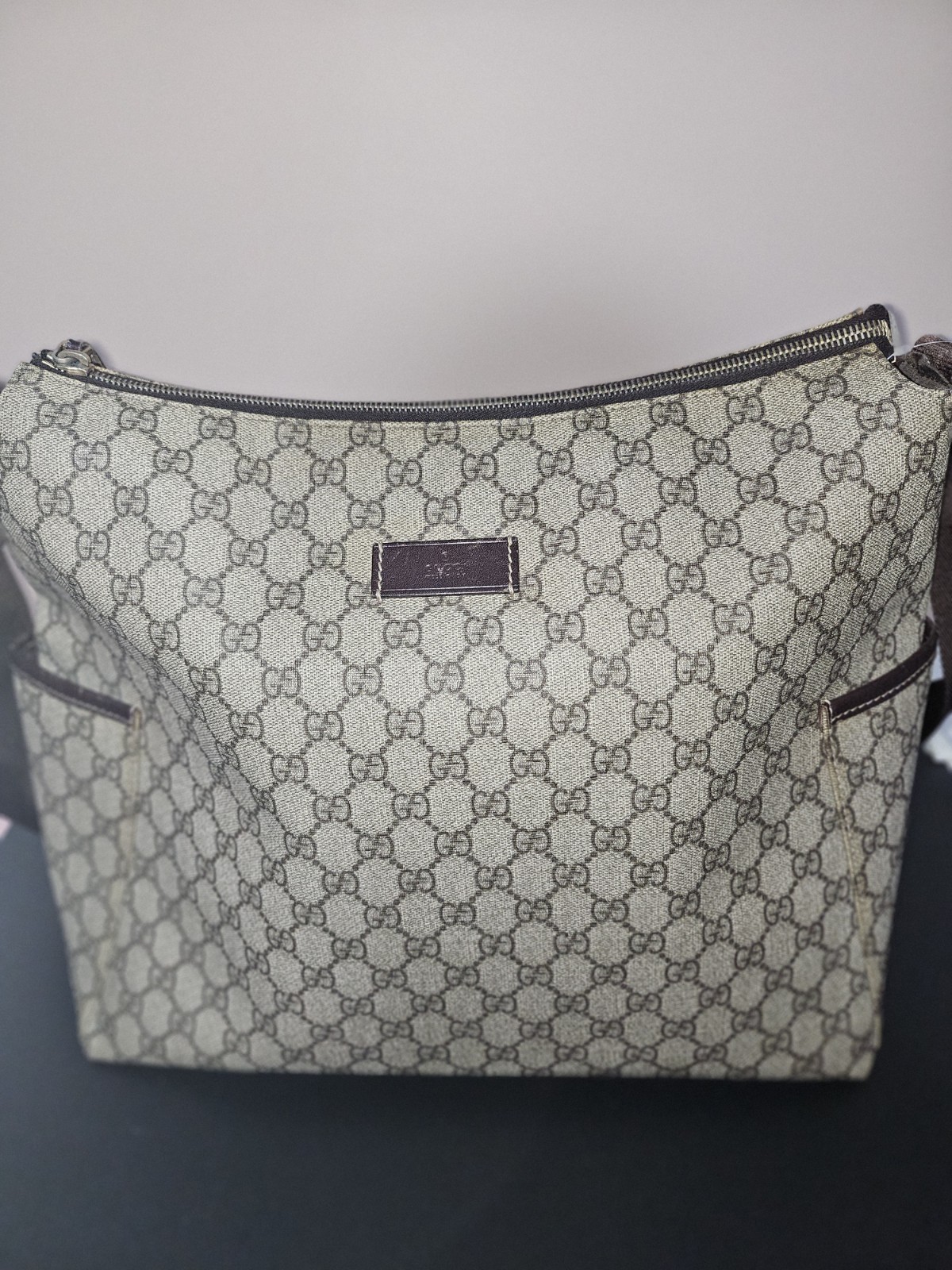 Gucci GG Beige Brown Zip Crossbody Bag w/ Adjustable Strap, Silver Hardware